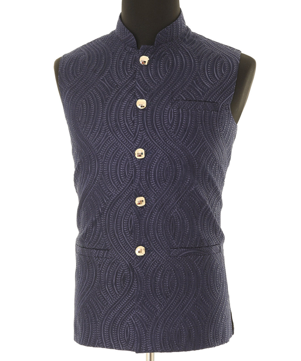 Men's Self embellished textured Thread Work Blue Nehru Jacket