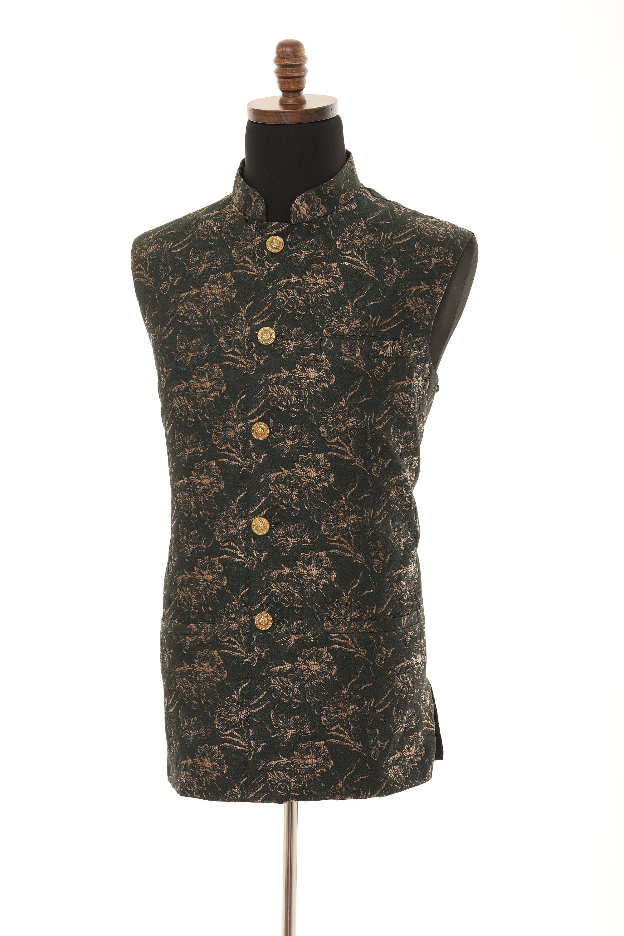 Men's Black with Copper Floral Print Nehru Jacket