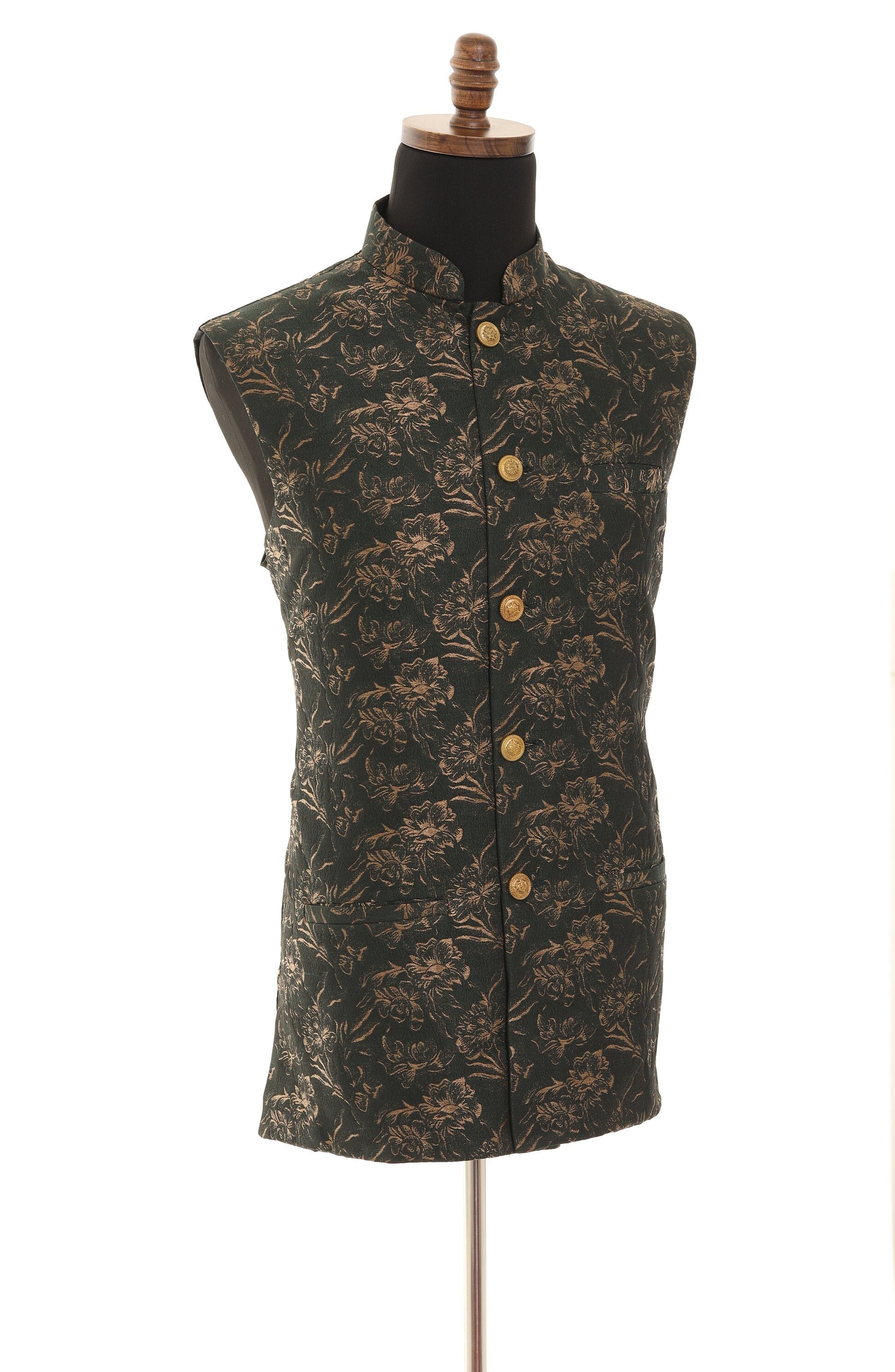 Men's Black with Copper Floral Print Nehru Jacket