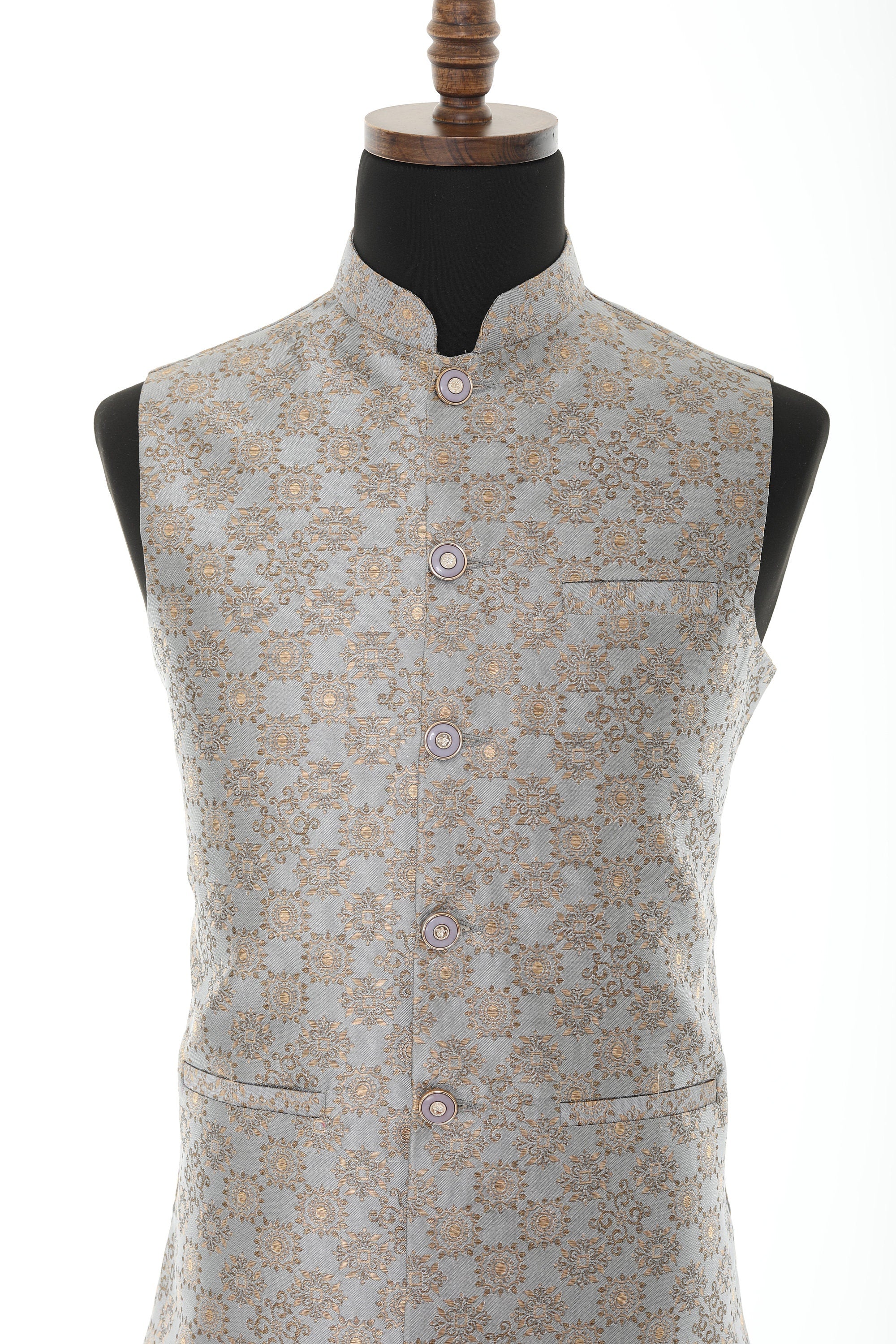 Men's Steel Grey & Gold Nehru Jacket, Sleeveless Jacket