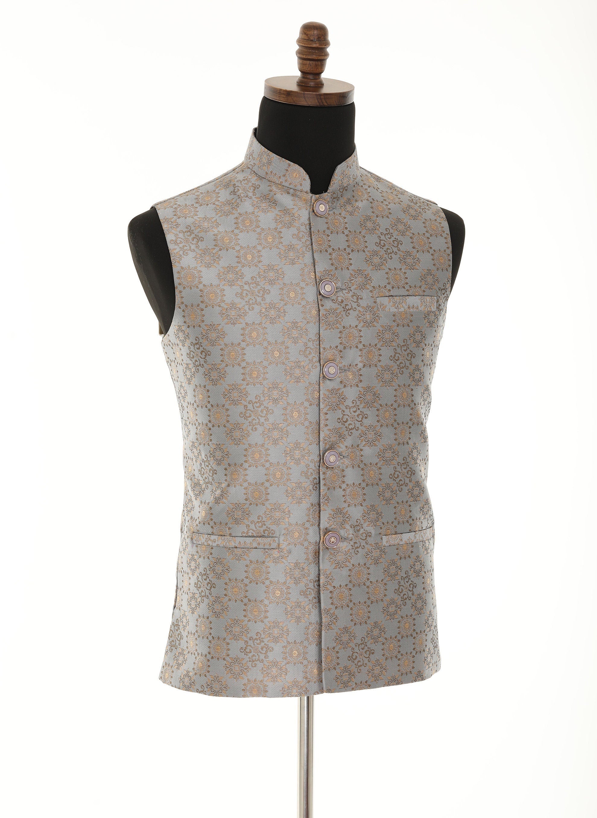 Men's Steel Grey & Gold Nehru Jacket, Sleeveless Jacket
