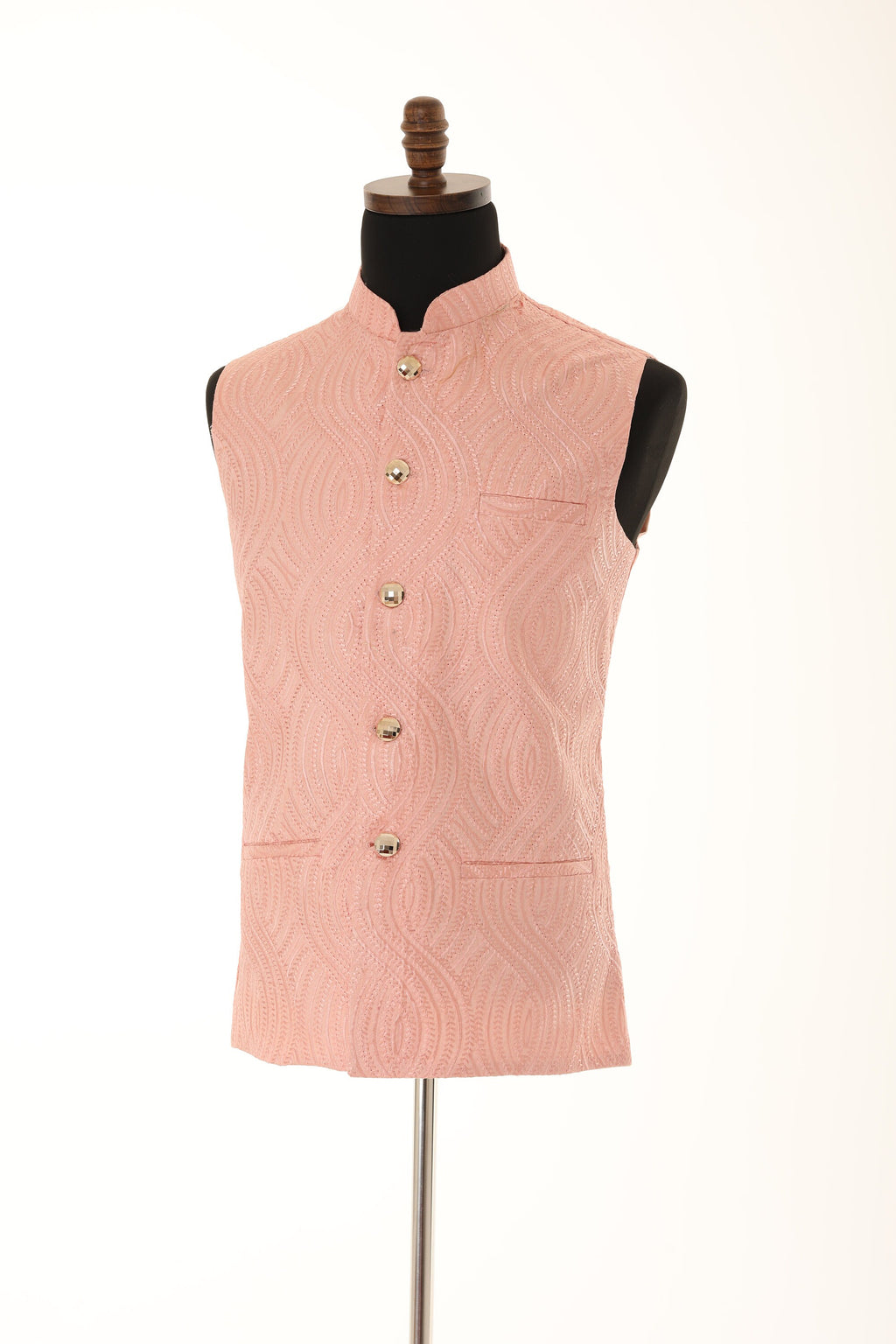 Men's Peach Self embellished textured Thread Work Nehru Jacket