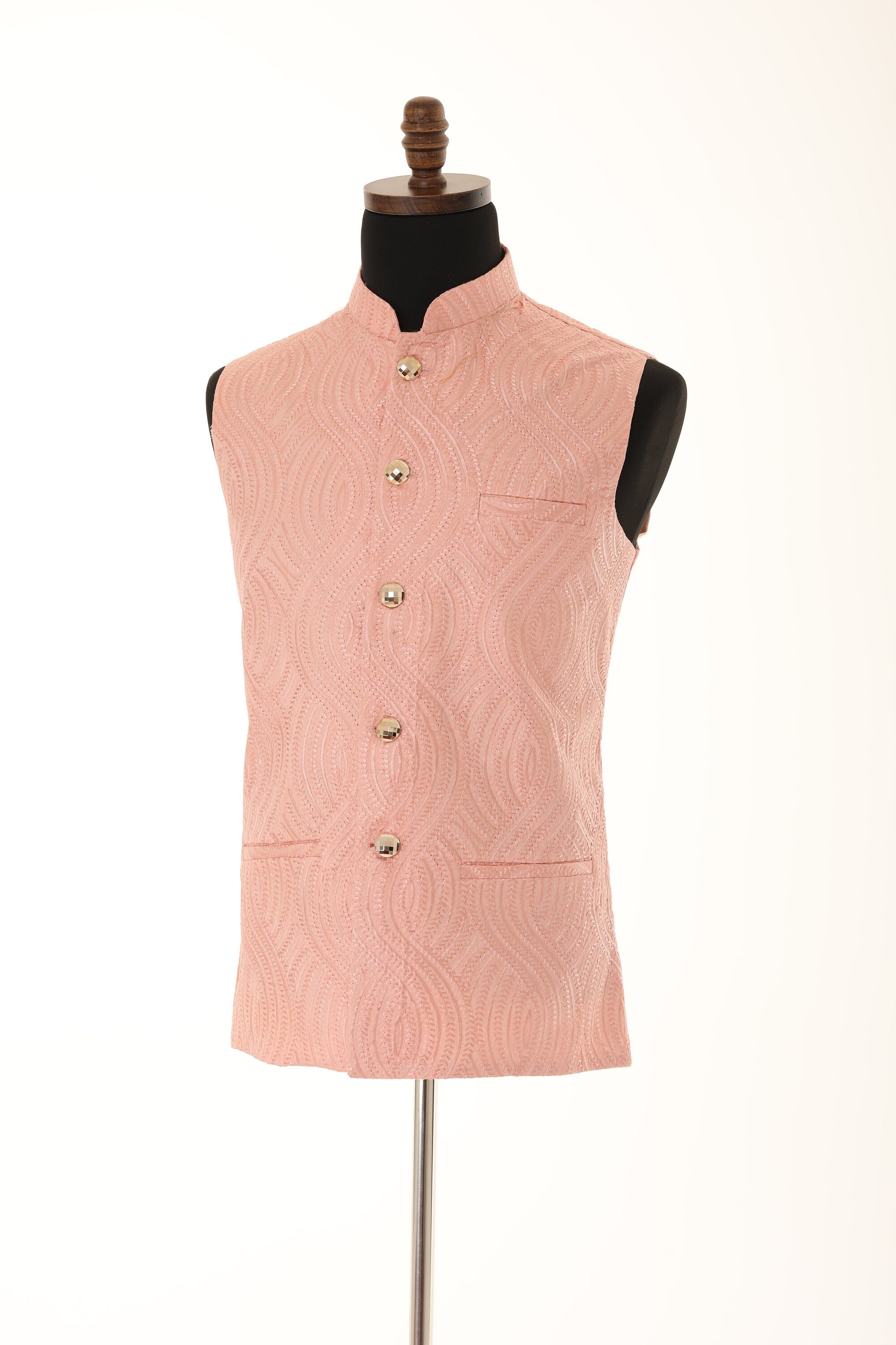 Men's Peach Self embellished textured Thread Work Nehru Jacket