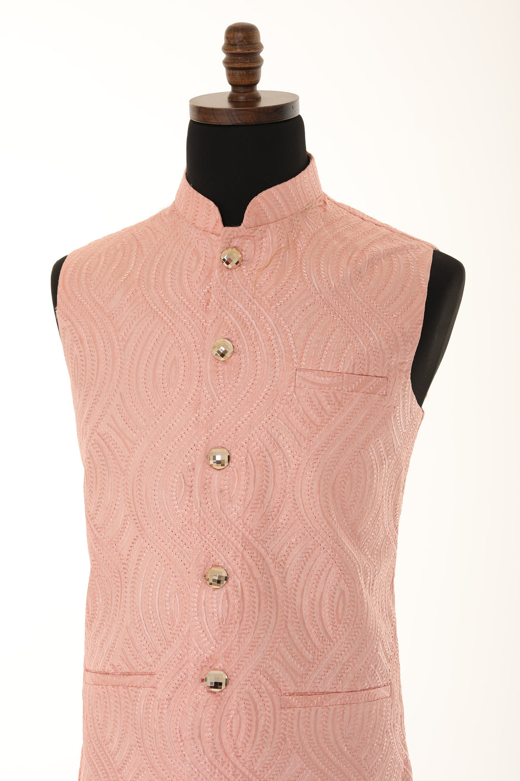 Men's Peach Self embellished textured Thread Work Nehru Jacket
