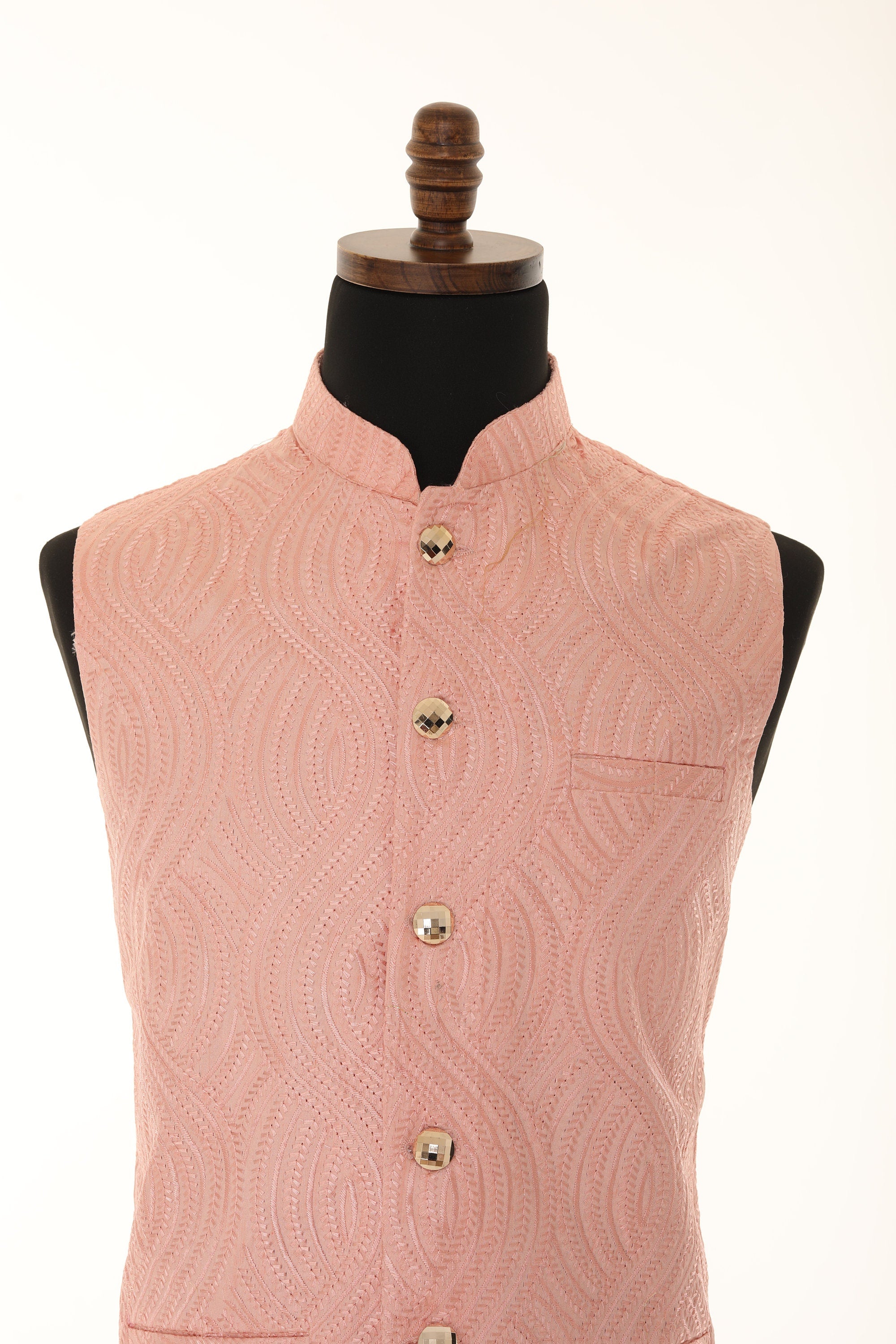 Men's Peach Self embellished textured Thread Work Nehru Jacket