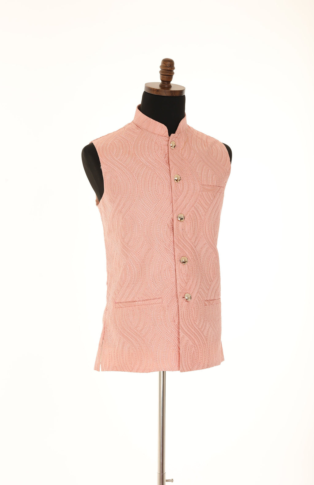 Men's Peach Self embellished textured Thread Work Nehru Jacket
