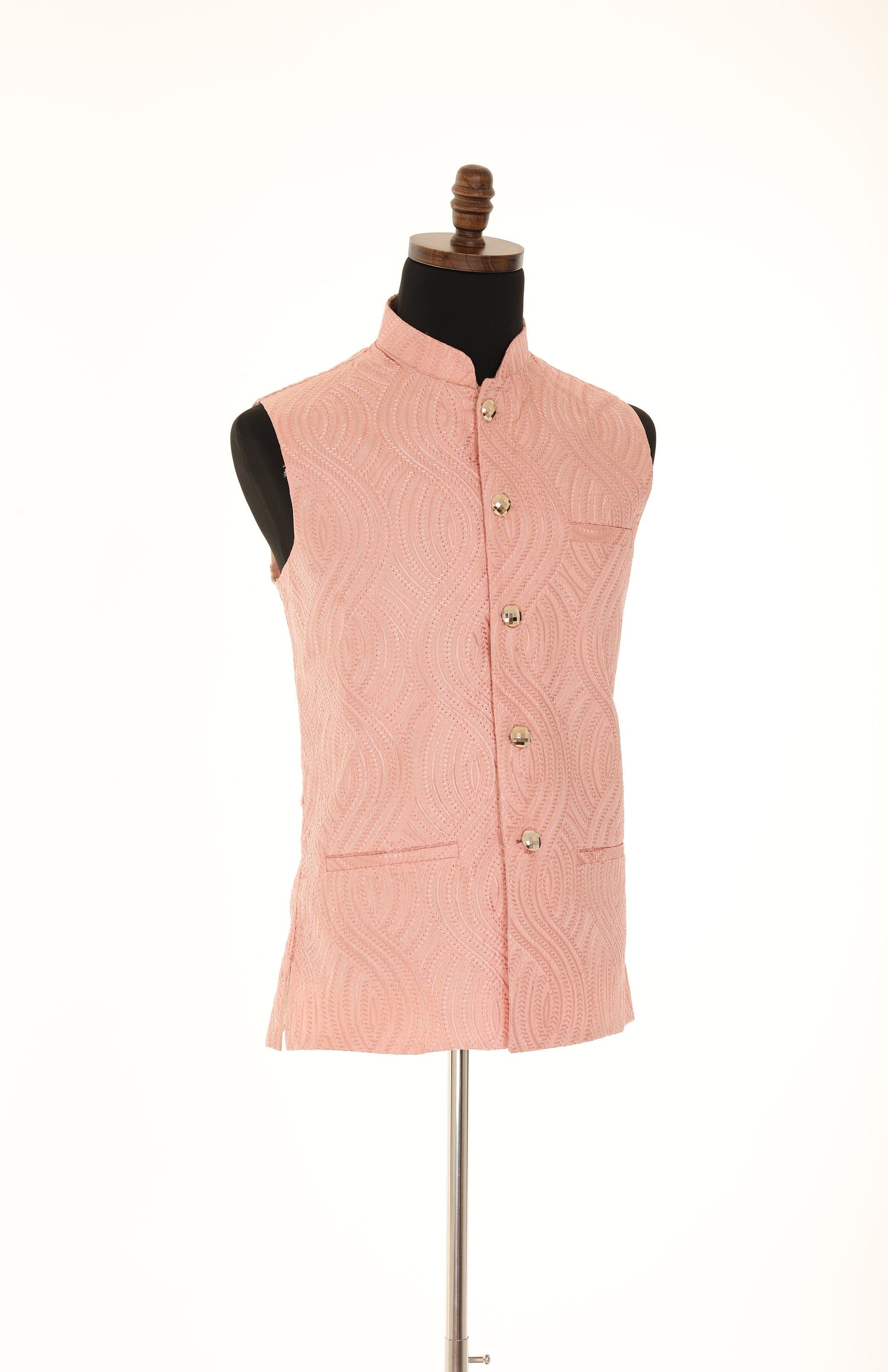 Men's Peach Self embellished textured Thread Work Nehru Jacket