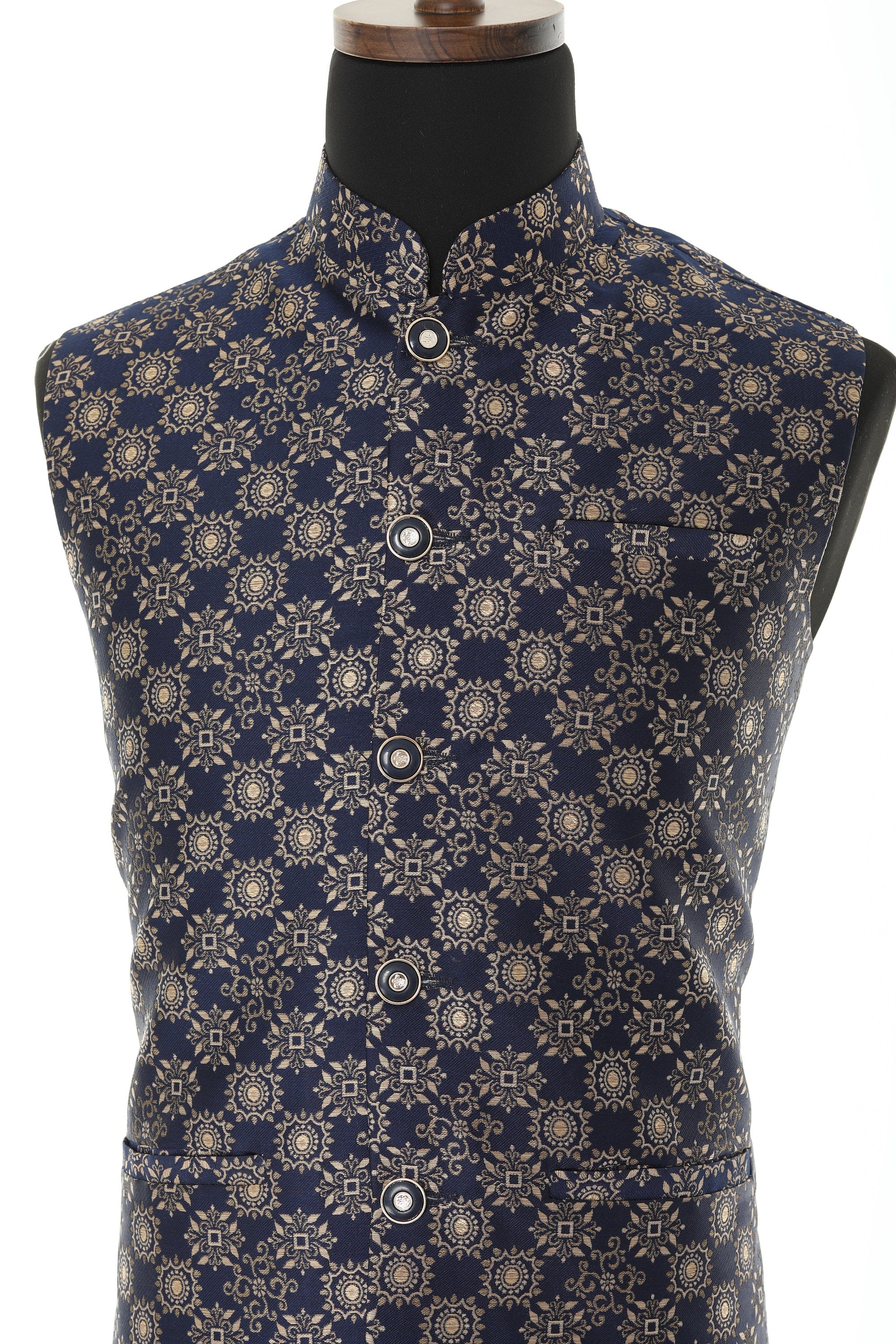 Men's Blue & Gold Nehru Jacket, Sleeveless Jacket