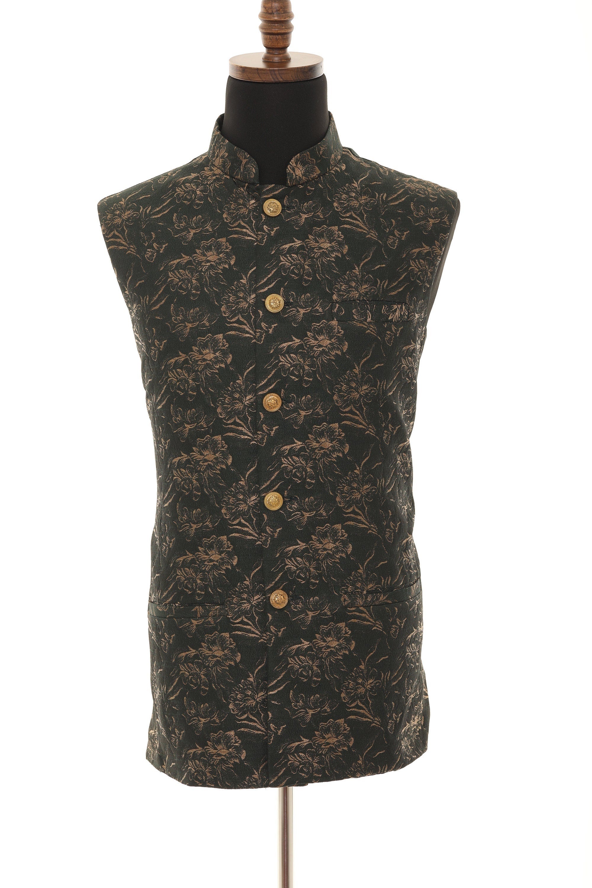 Men's Black with Copper Floral Print Nehru Jacket