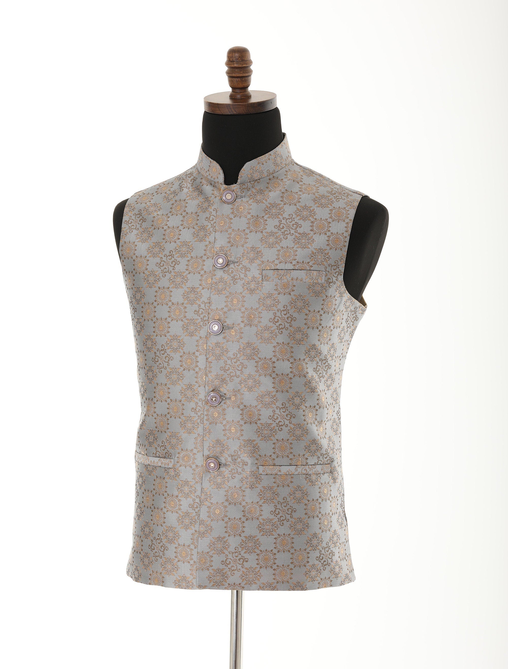 Men's Steel Grey & Gold Nehru Jacket, Sleeveless Jacket