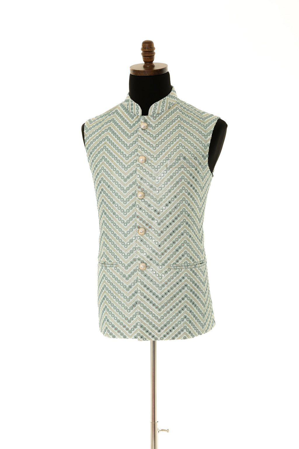 Exquisite Men's Pistachio Green Nehru Jacket with Mirror Work and Gold Embroidery