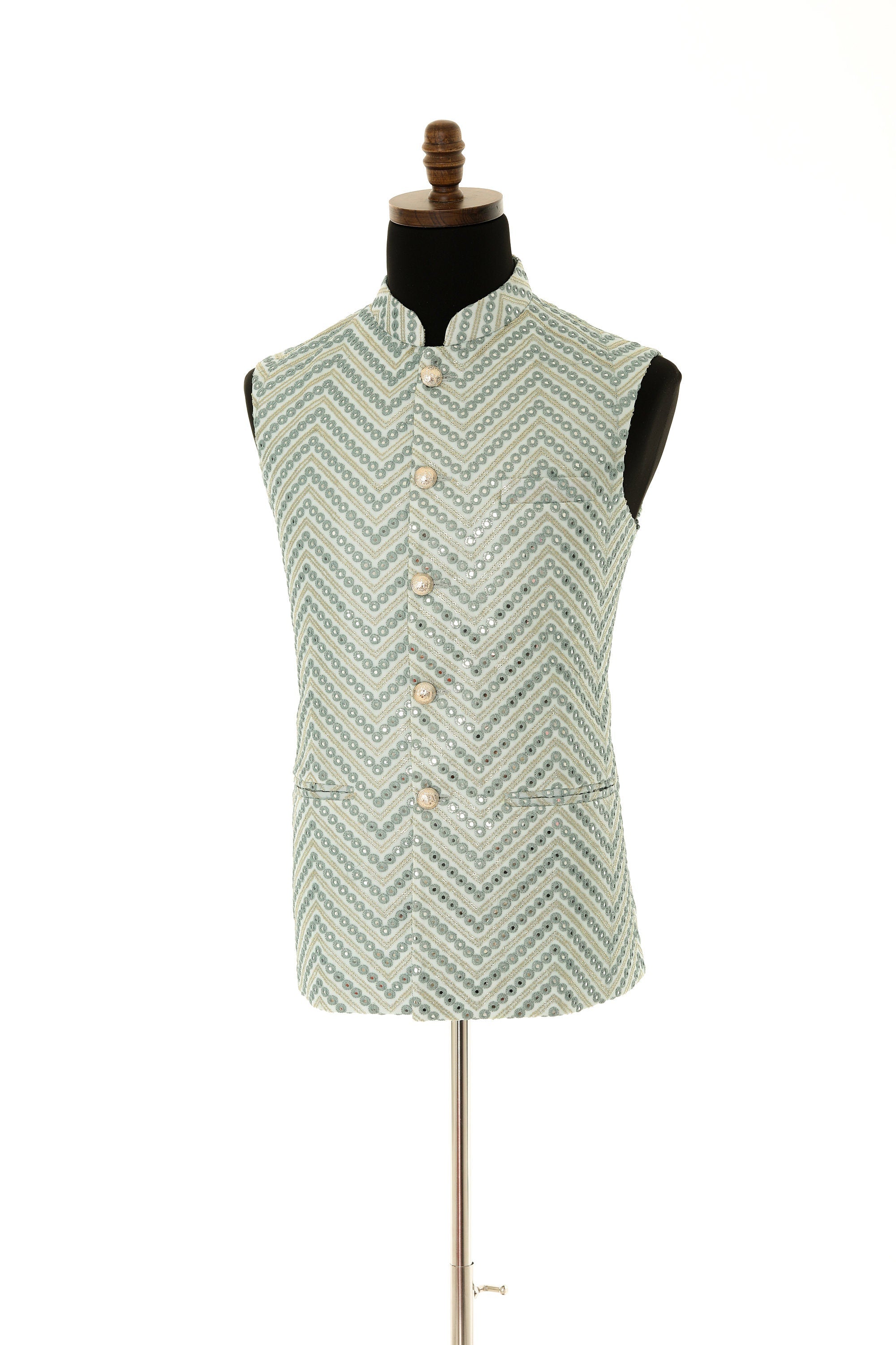 Exquisite Men's Pistachio Green Nehru Jacket with Mirror Work and Gold Embroidery