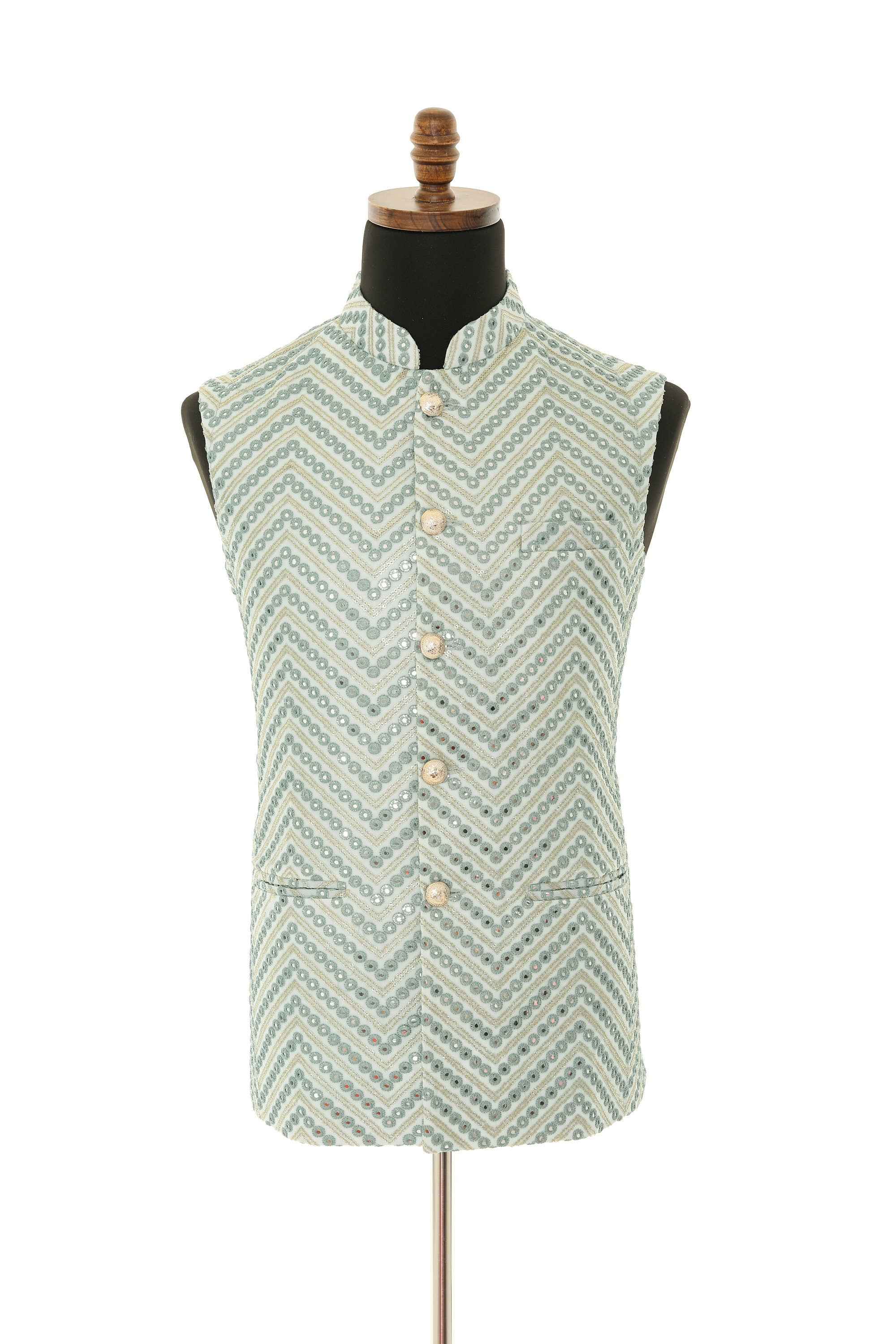 Exquisite Men's Pistachio Green Nehru Jacket with Mirror Work and Gold Embroidery