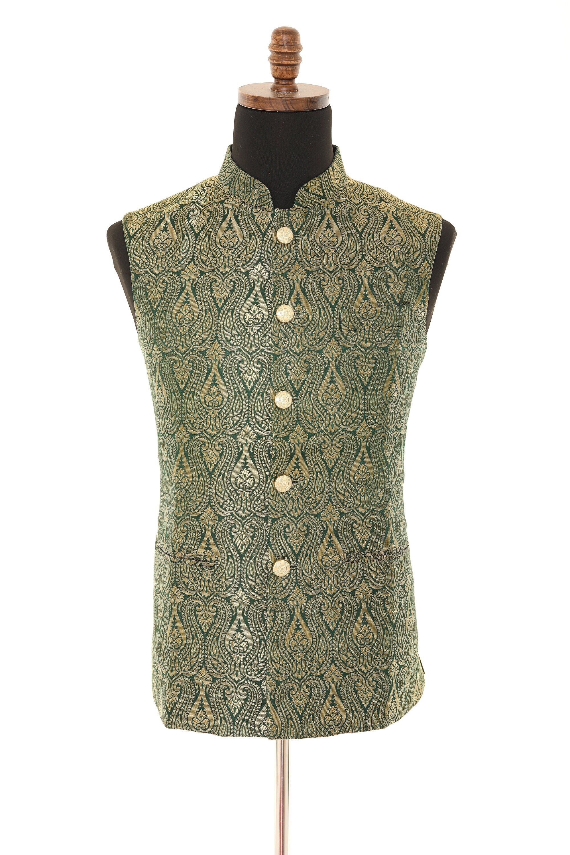 Brocade Green Nehru Jacket for Men