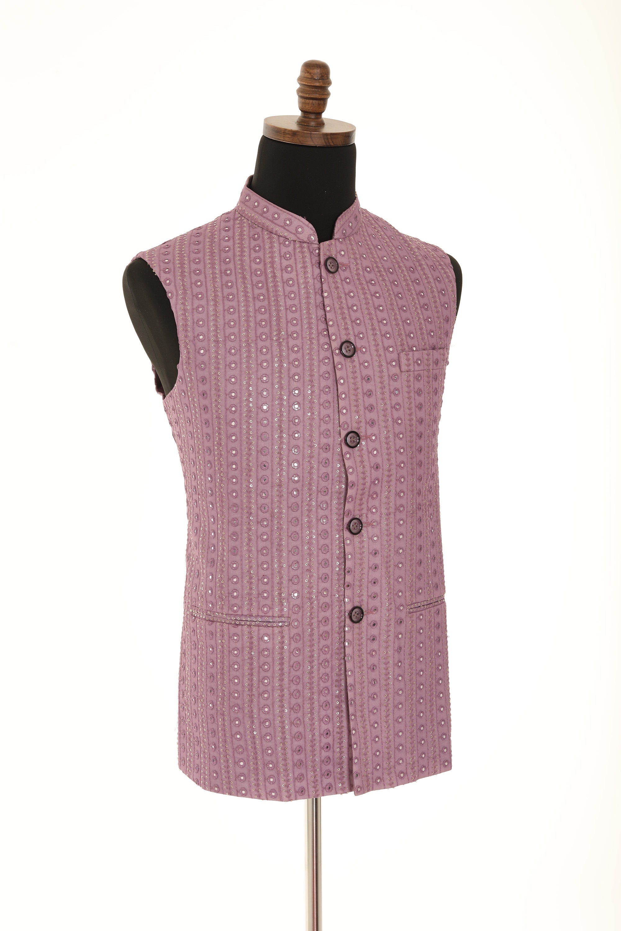 Handcrafted Lilac Nehru Men's Jacket with Gold Embroidery and Mirror Work