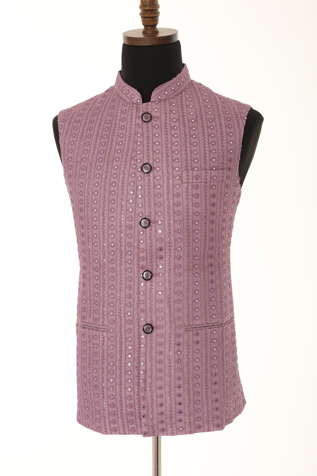 Handcrafted Lilac Nehru Men's Jacket with Gold Embroidery and Mirror Work