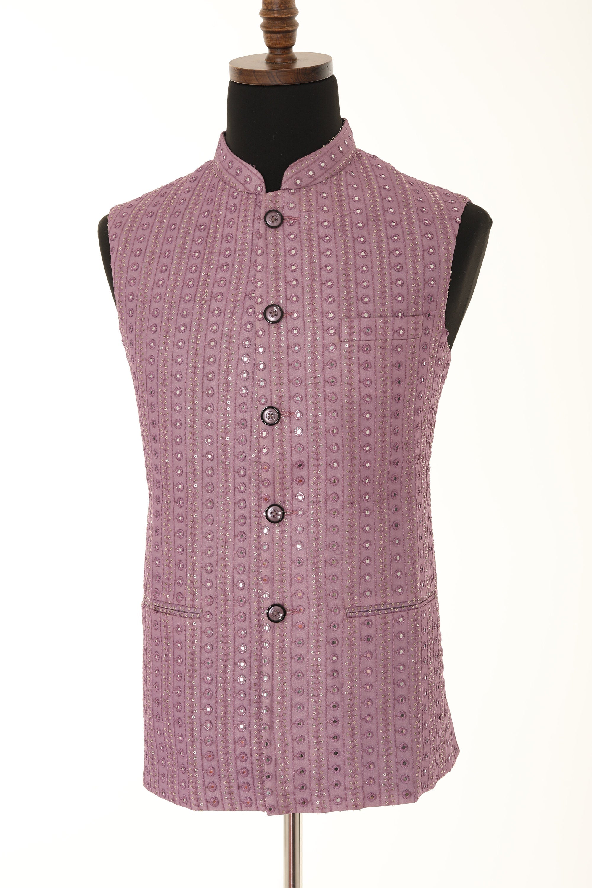 Handcrafted Lilac Nehru Men's Jacket with Gold Embroidery and Mirror Work