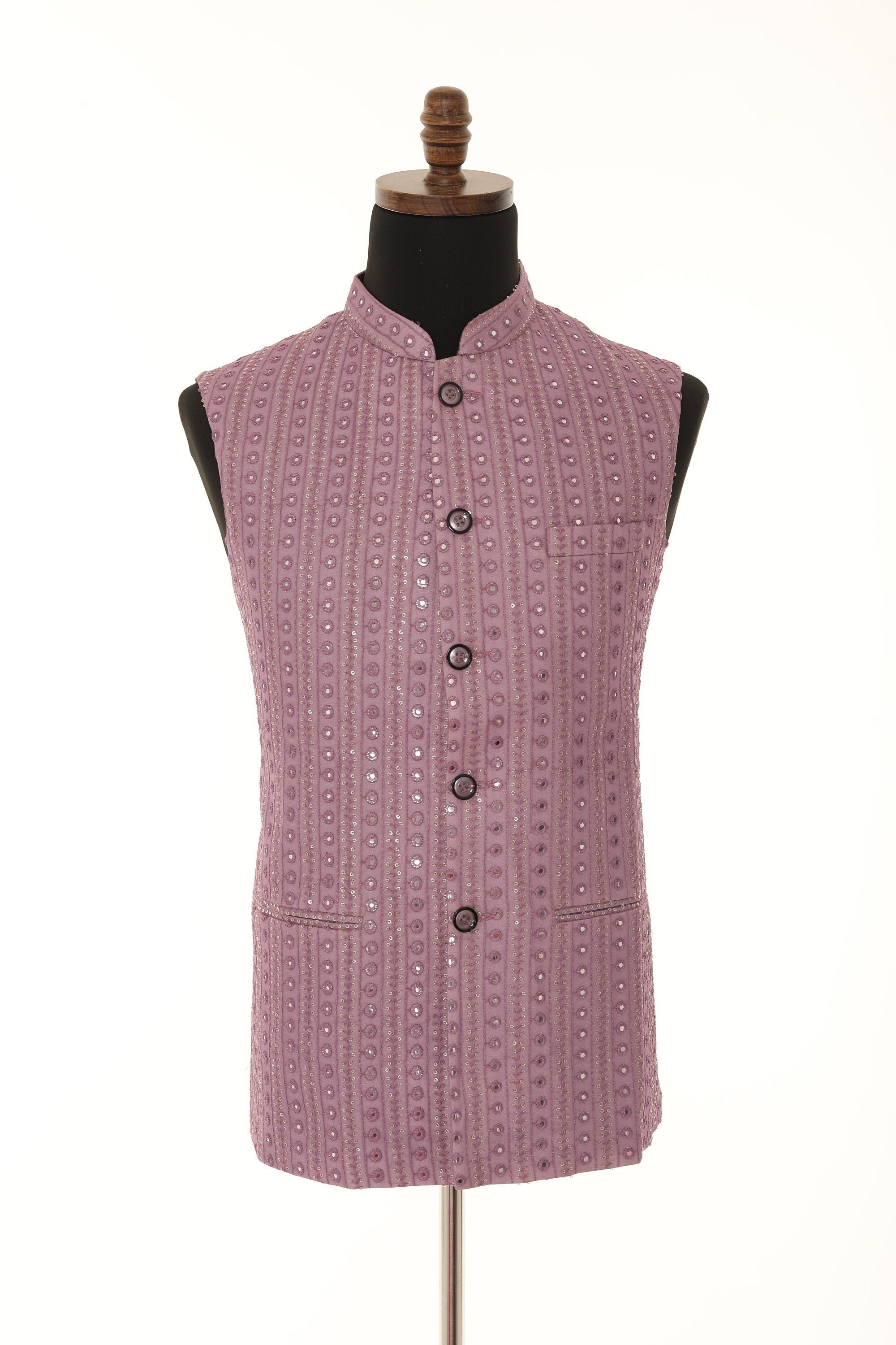 Handcrafted Lilac Nehru Men's Jacket with Gold Embroidery and Mirror Work