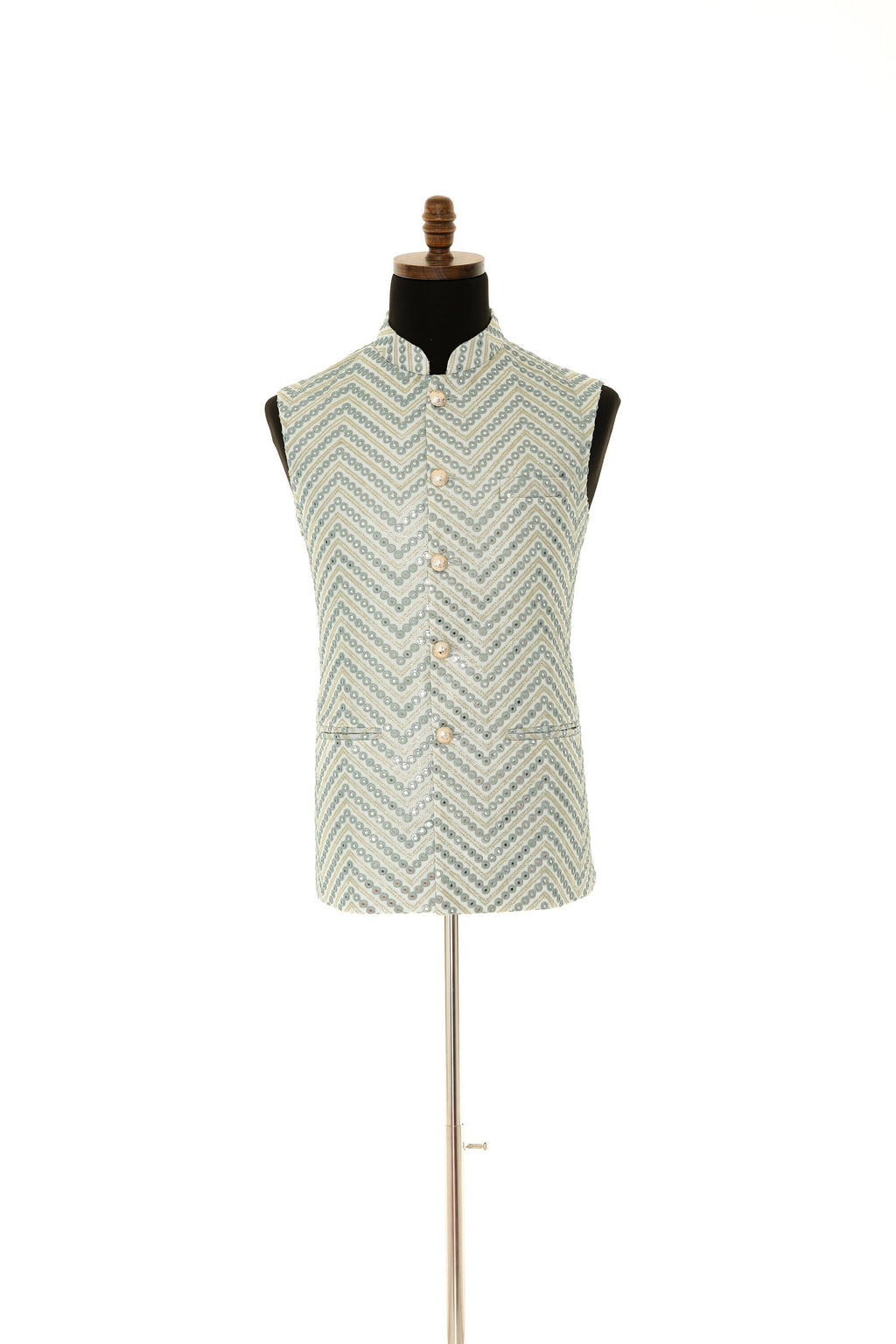 Exquisite Men's Pistachio Green Nehru Jacket with Mirror Work and Gold Embroidery