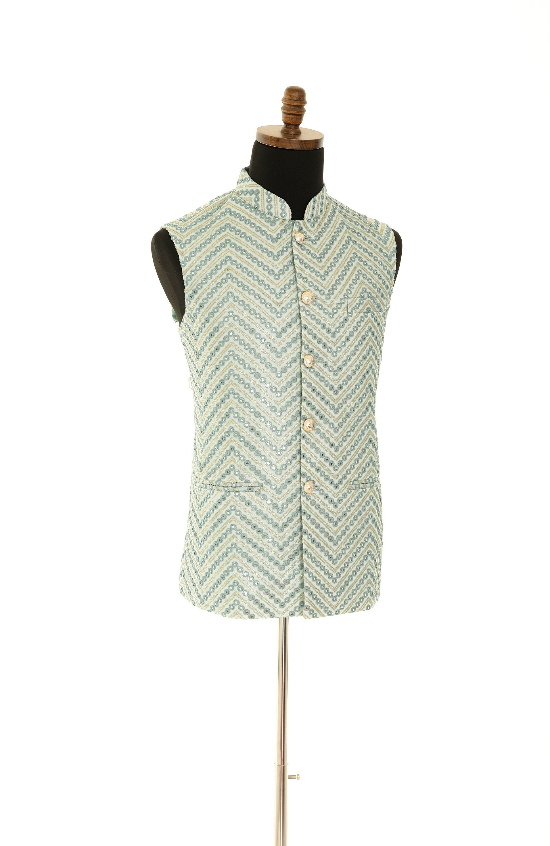 Exquisite Men's Pistachio Green Nehru Jacket with Mirror Work and Gold Embroidery