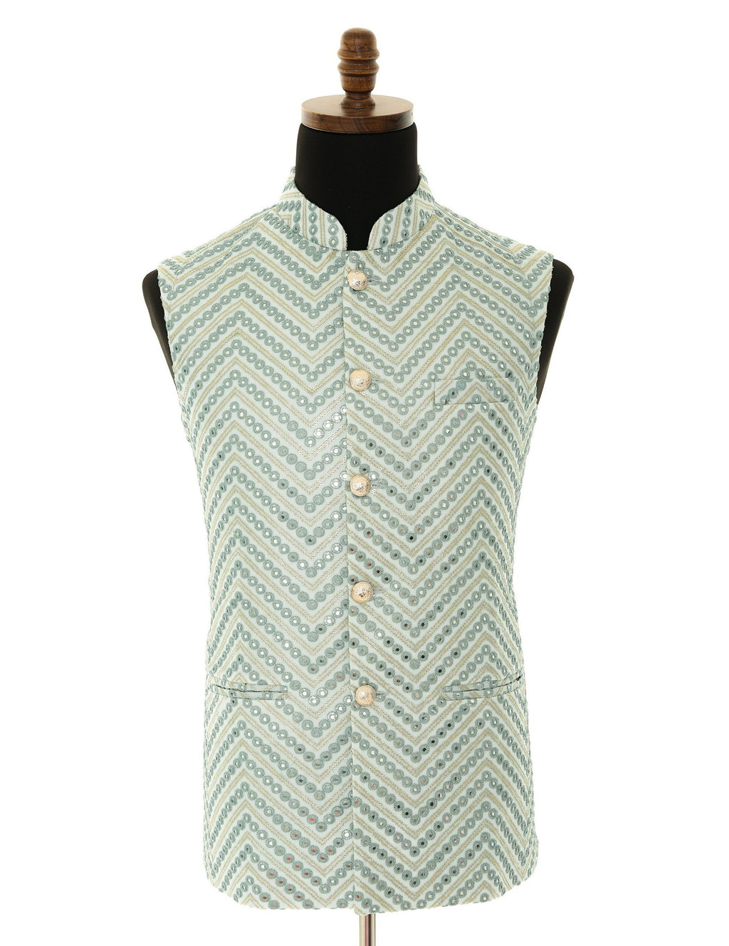 Exquisite Men's Pistachio Green Nehru Jacket with Mirror Work and Gold Embroidery