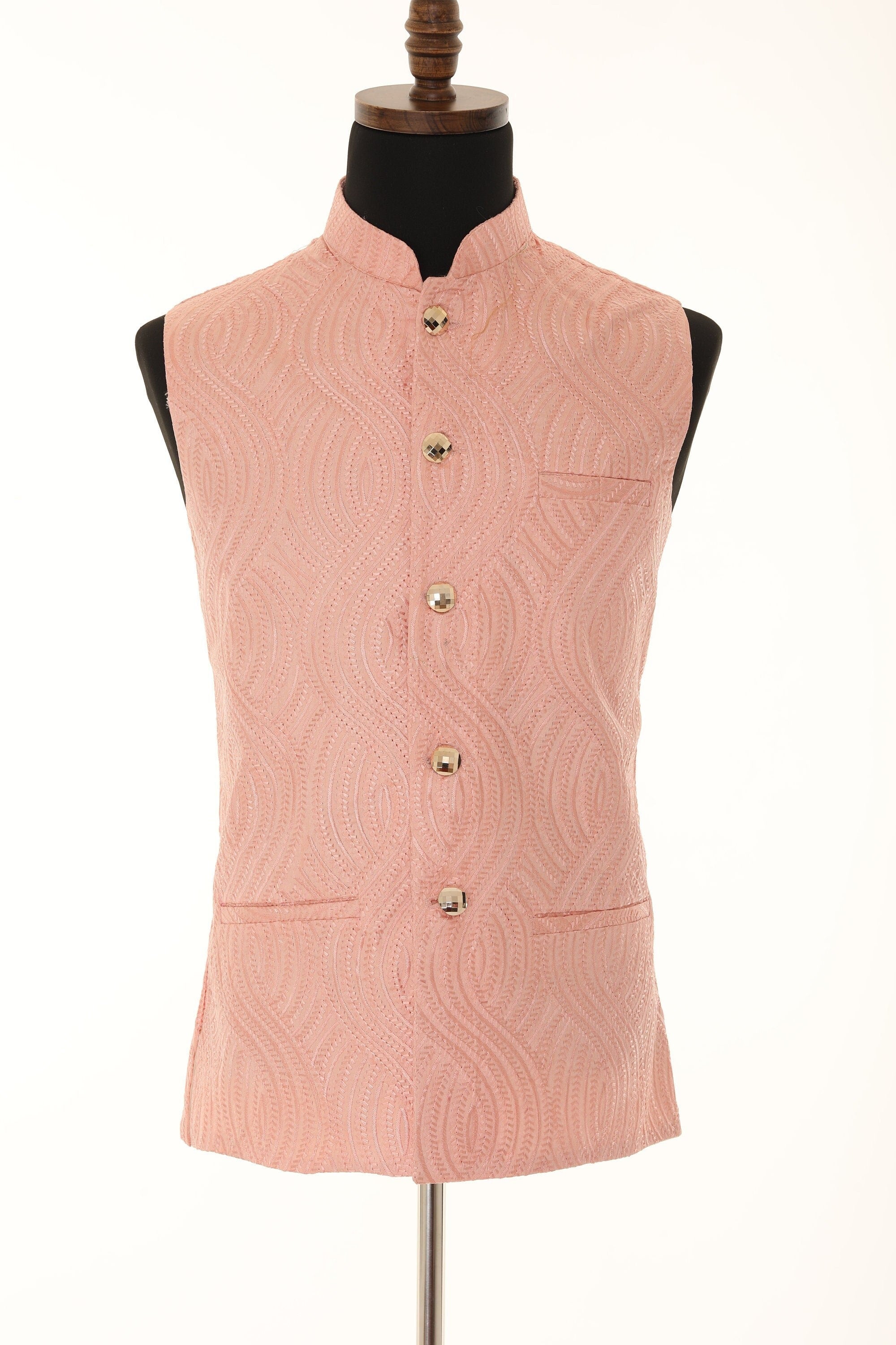 Men's Peach Self embellished textured Thread Work Nehru Jacket