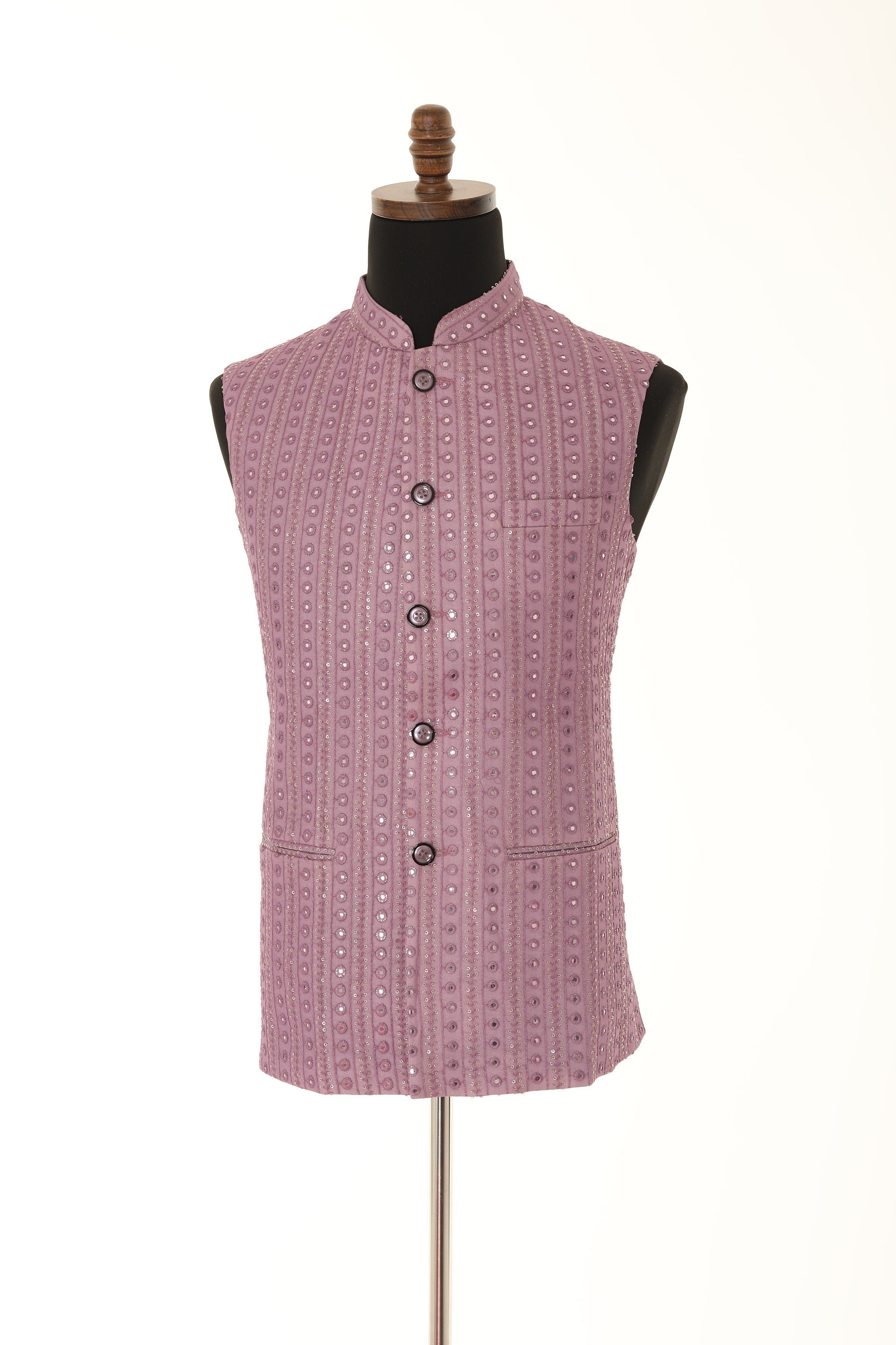 Handcrafted Lilac Nehru Men's Jacket with Gold Embroidery and Mirror Work