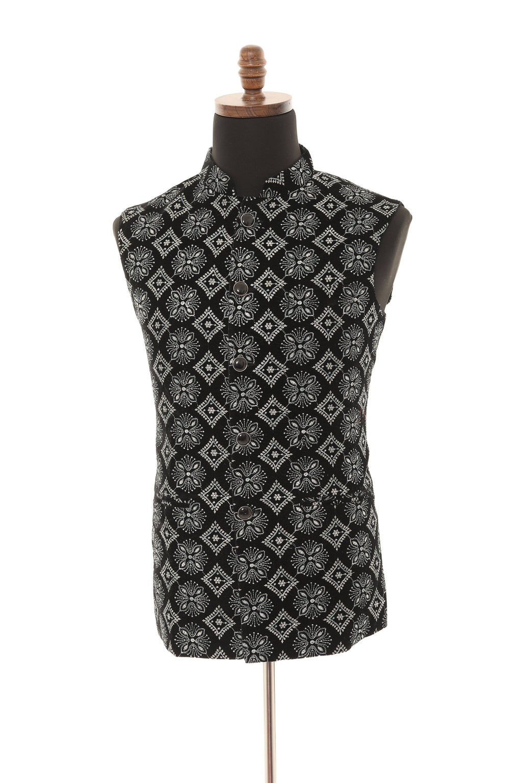 Black & Grey Embroidered Velvet Nehru Jacket