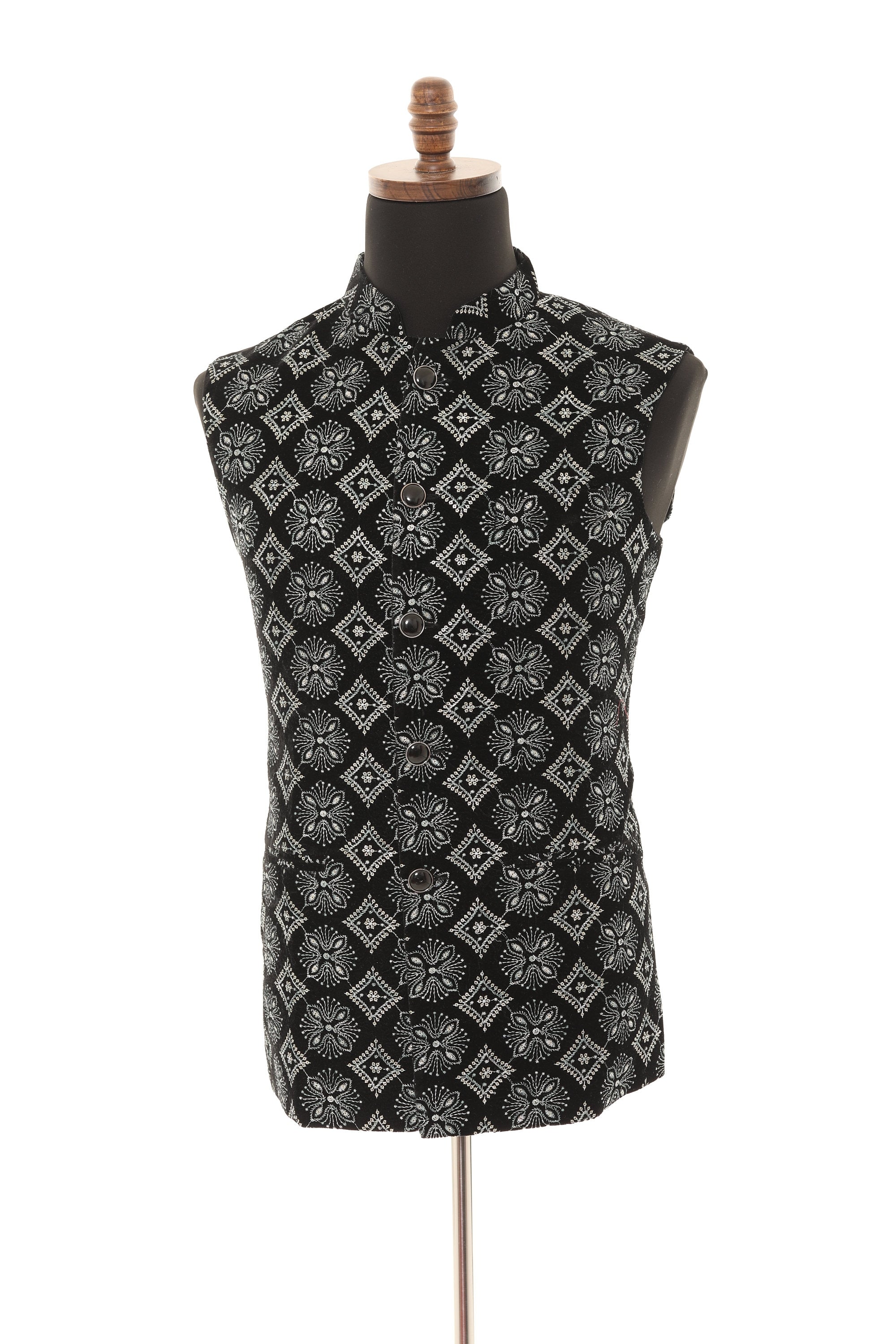Black & Grey Embroidered Velvet Nehru Jacket