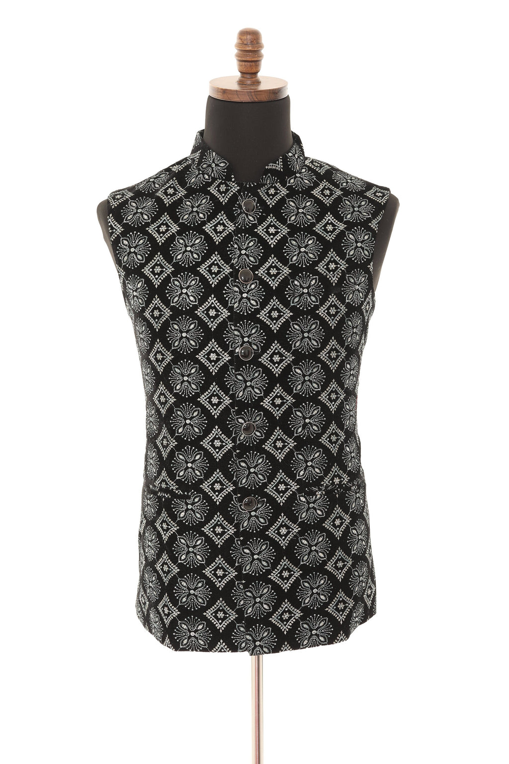 Black & Grey Embroidered Velvet Nehru Jacket