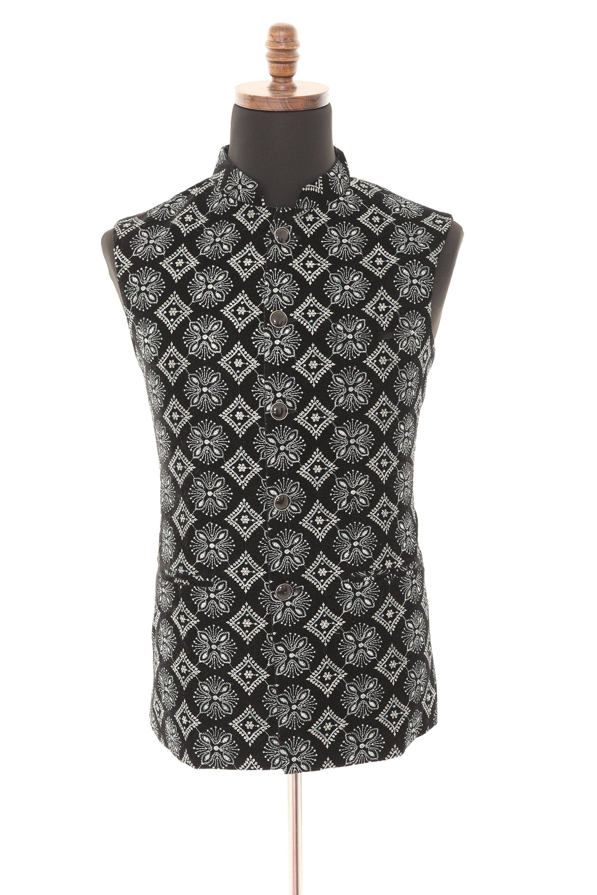 Black & Grey Embroidered Velvet Nehru Jacket