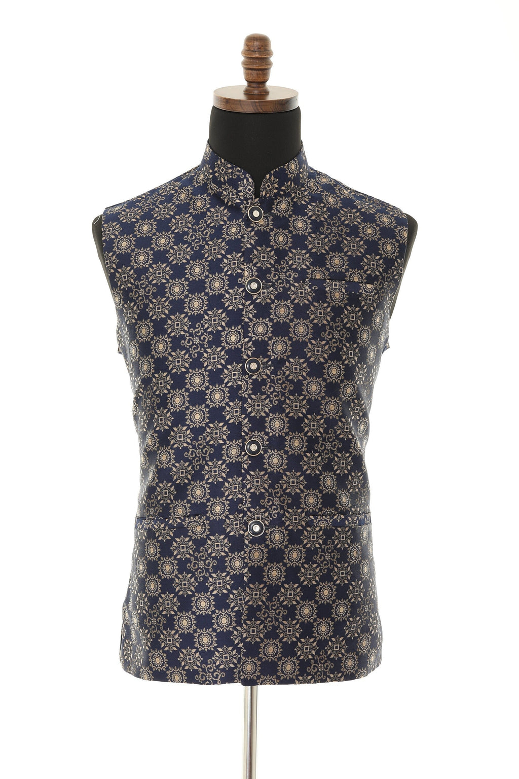Men's Blue & Gold Nehru Jacket, Sleeveless Jacket