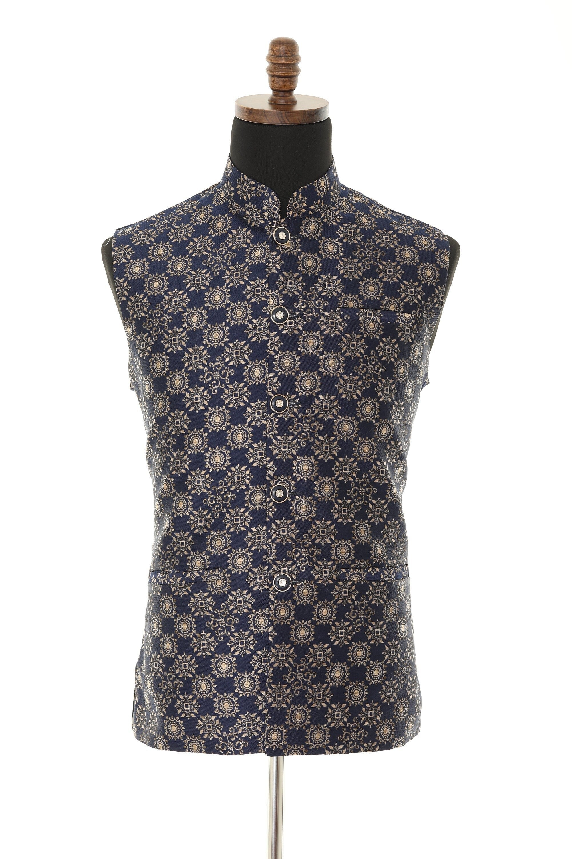 Men's Blue & Gold Nehru Jacket, Sleeveless Jacket