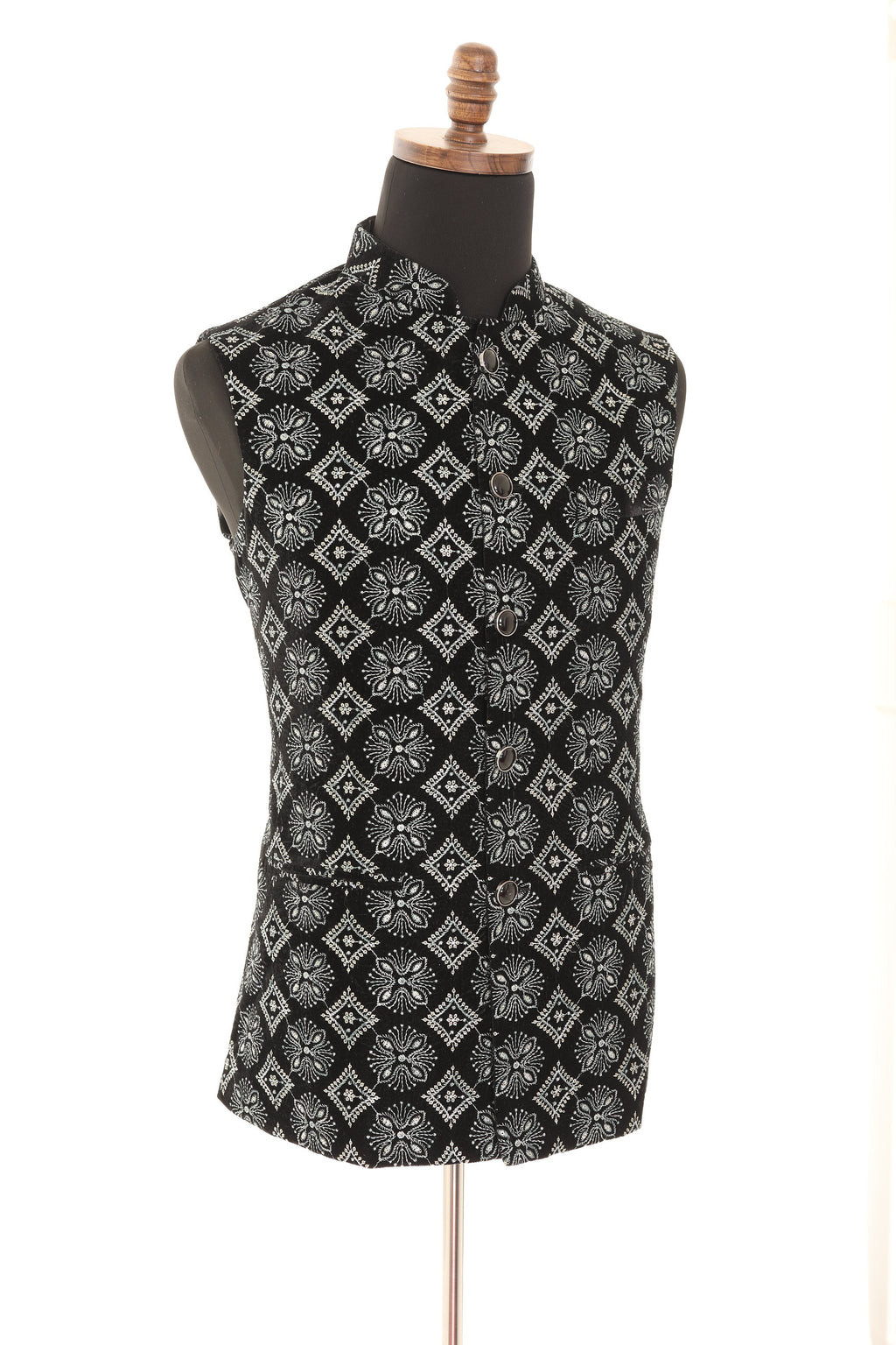 Black & Grey Embroidered Velvet Nehru Jacket