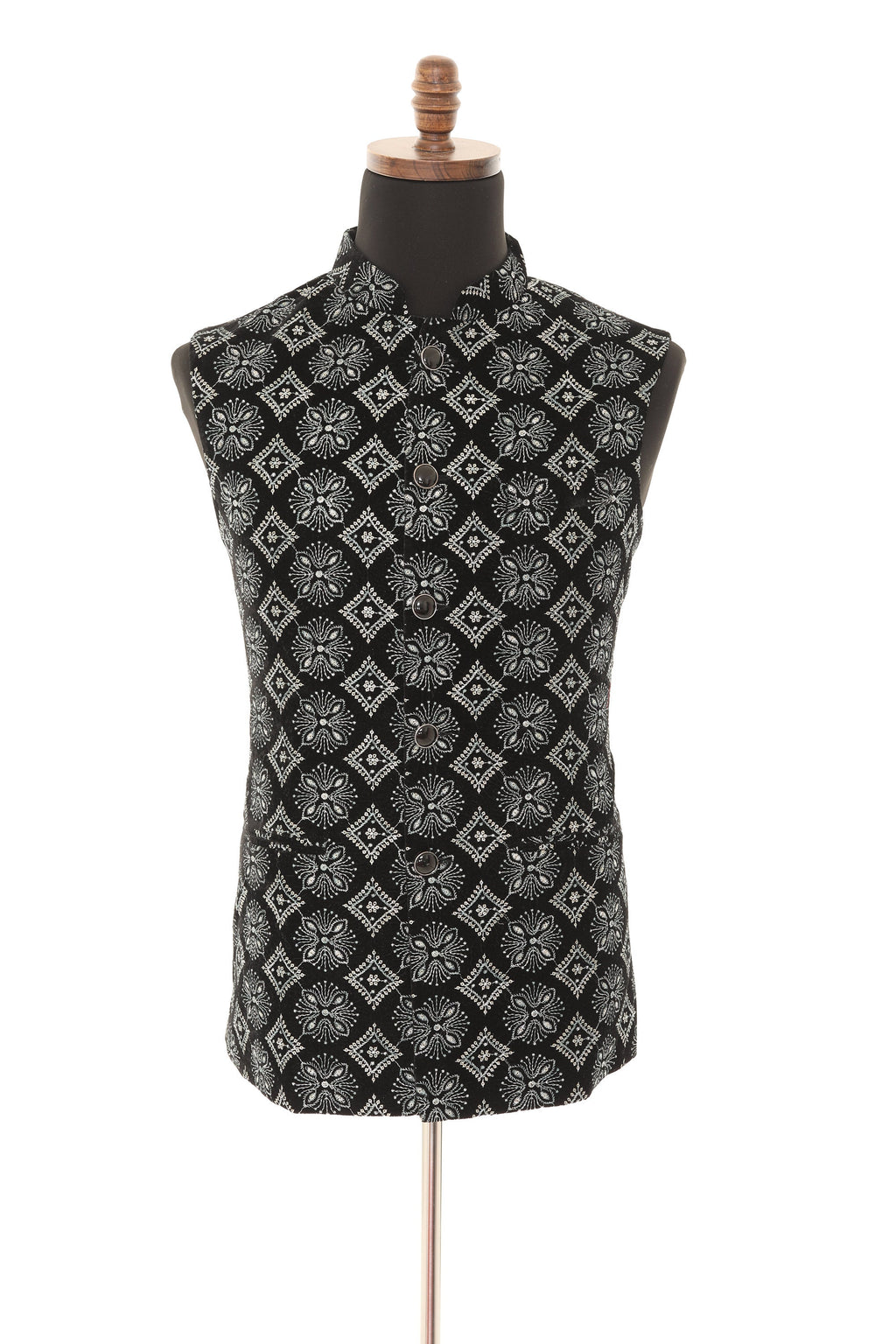 Black & Grey Embroidered Velvet Nehru Jacket