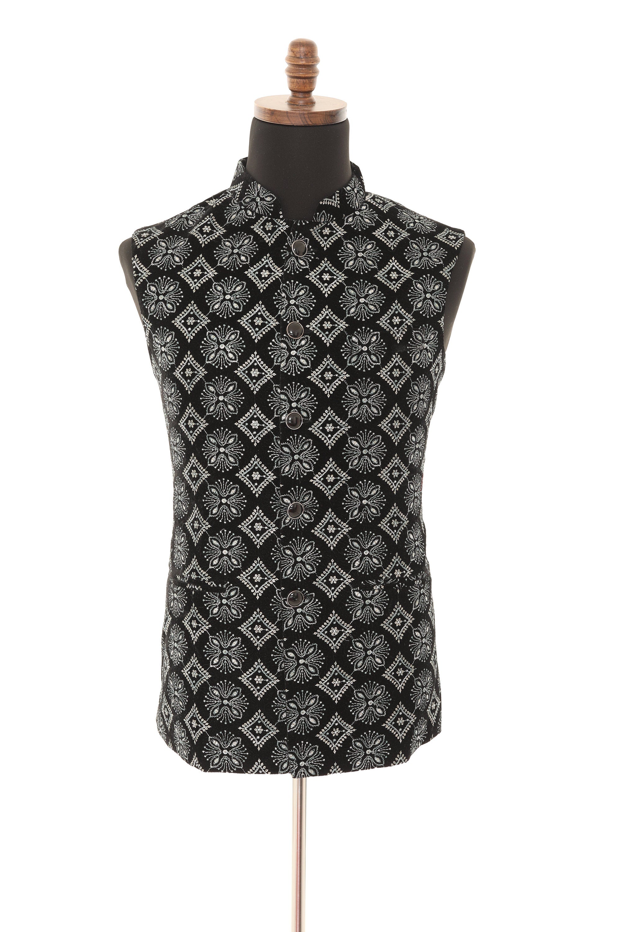Black & Grey Embroidered Velvet Nehru Jacket