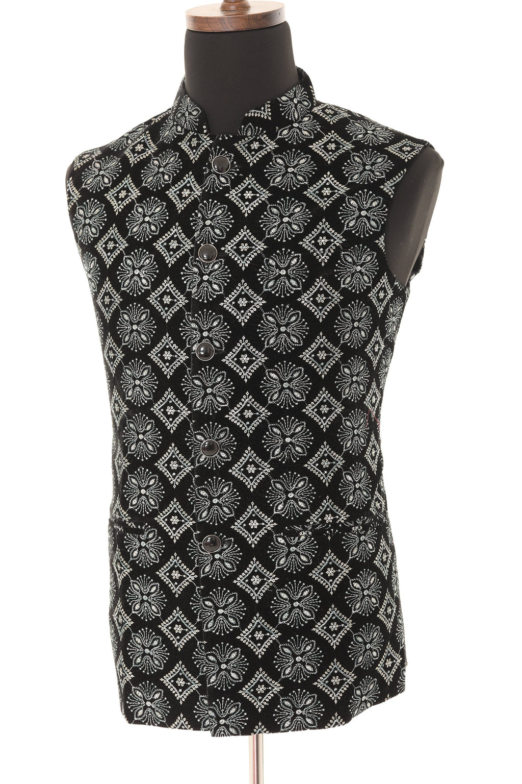 Black & Grey Embroidered Velvet Nehru Jacket