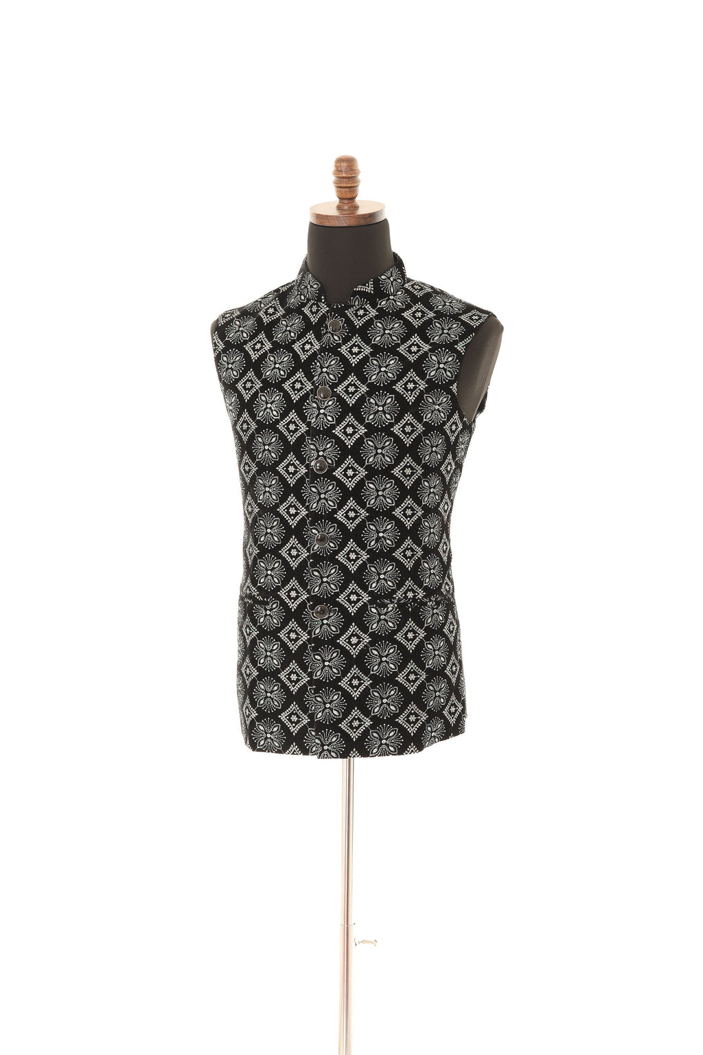 Black & Grey Embroidered Velvet Nehru Jacket