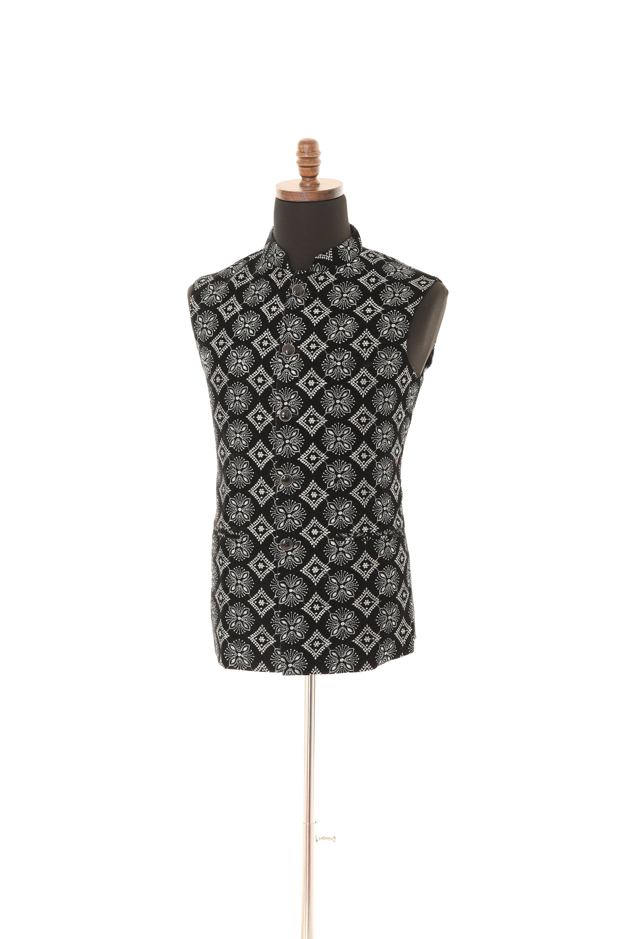Black & Grey Embroidered Velvet Nehru Jacket