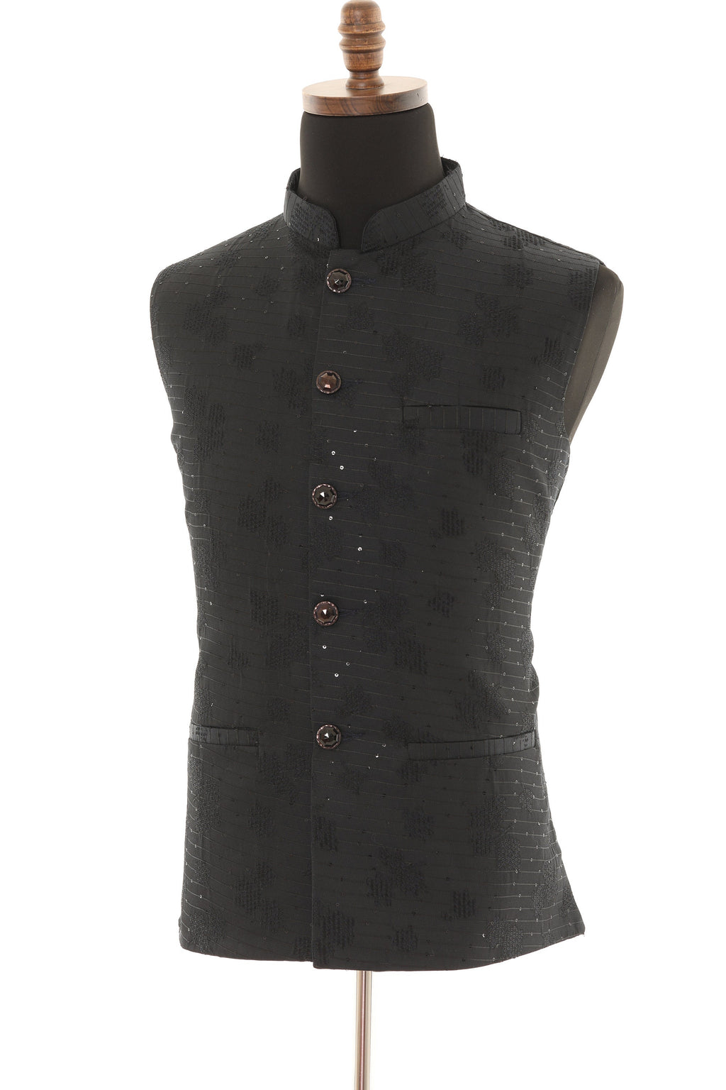 Men's Black Nehru Jacket with Self Embroidery Detailing