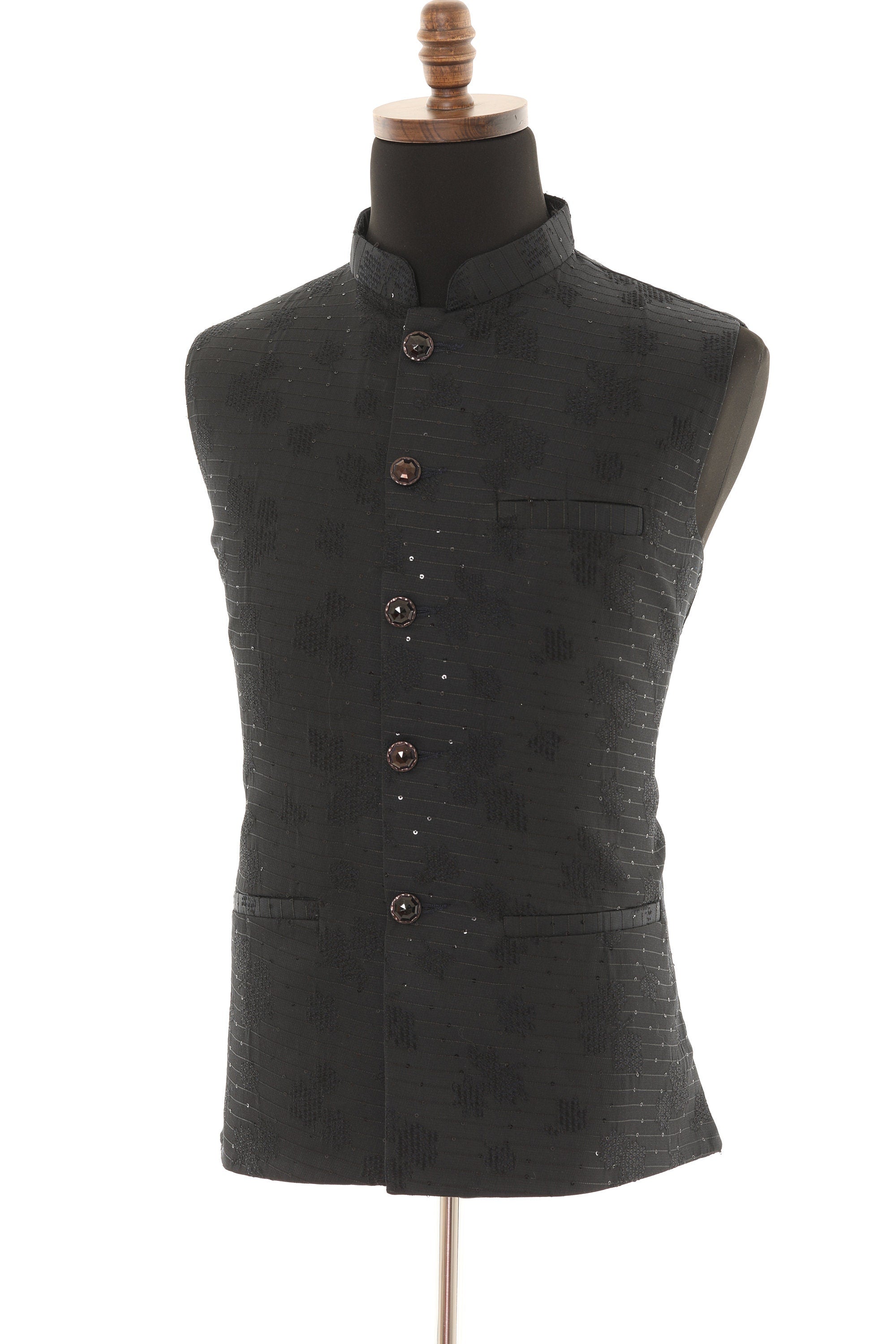 Men's Black Nehru Jacket with Self Embroidery Detailing