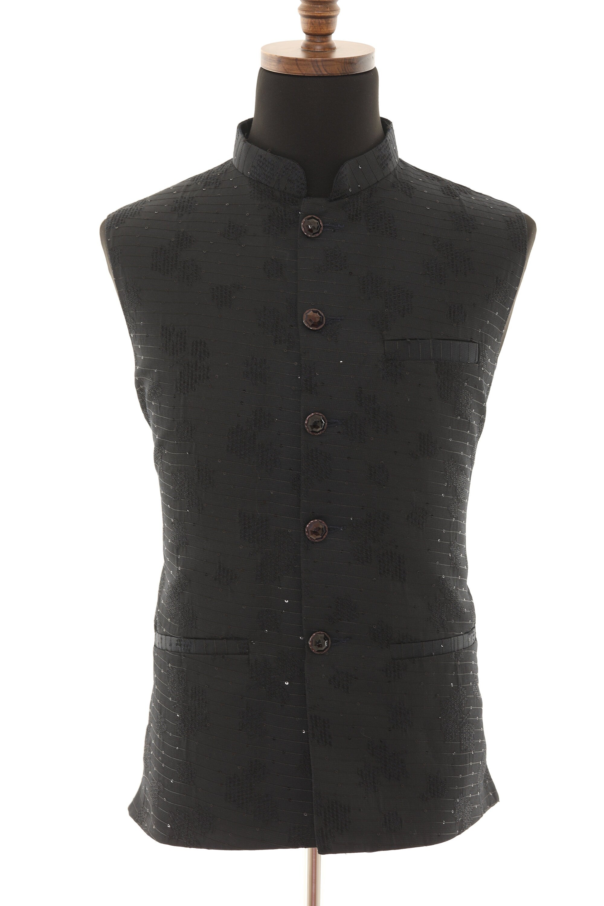 Men's Black Nehru Jacket with Self Embroidery Detailing