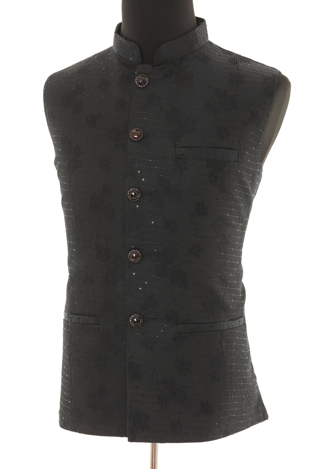 Men's Black Nehru Jacket with Self Embroidery Detailing