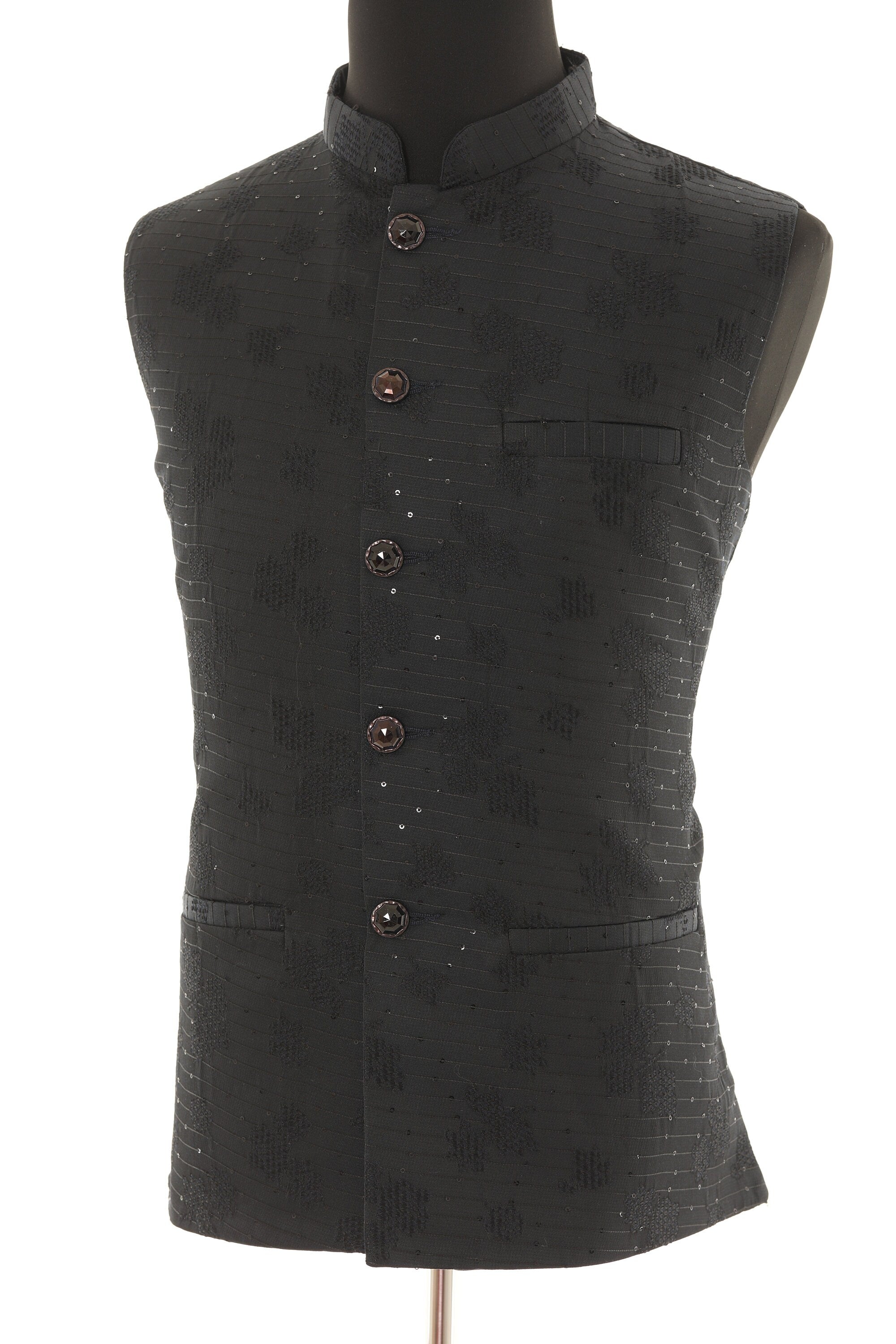 Men's Black Nehru Jacket with Self Embroidery Detailing