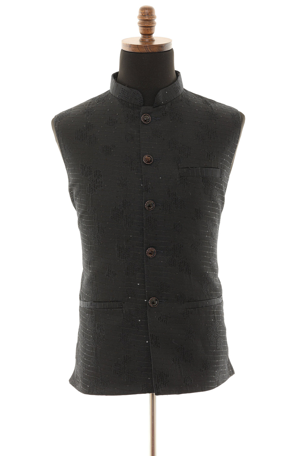 Men's Black Nehru Jacket with Self Embroidery Detailing