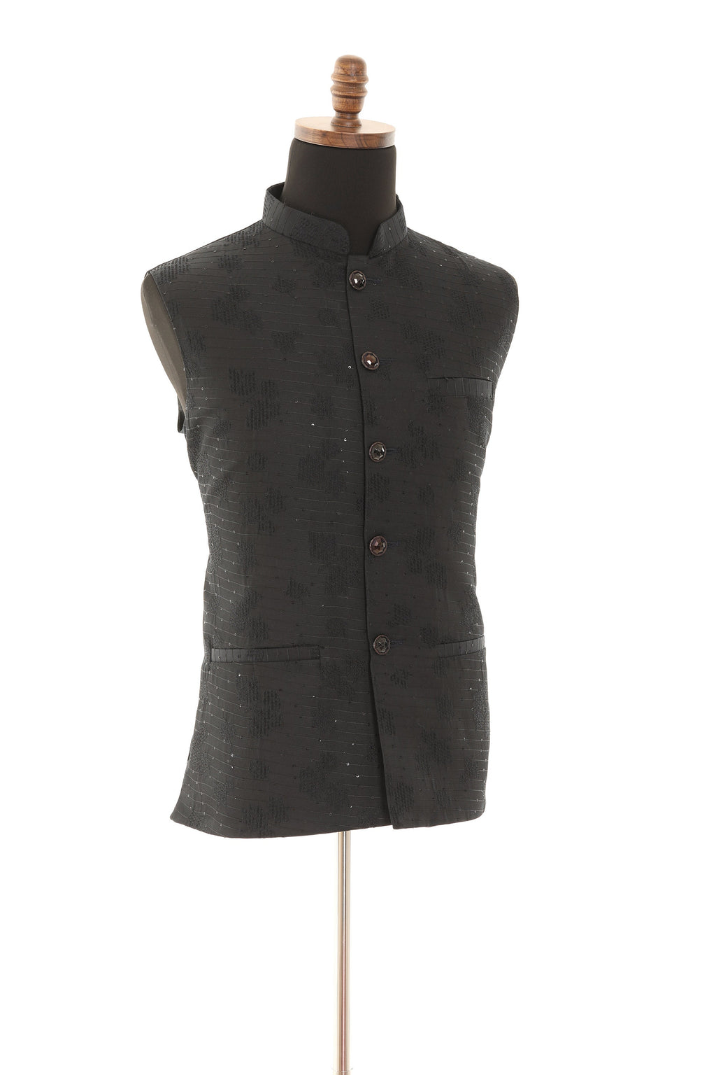 Men's Black Nehru Jacket with Self Embroidery Detailing