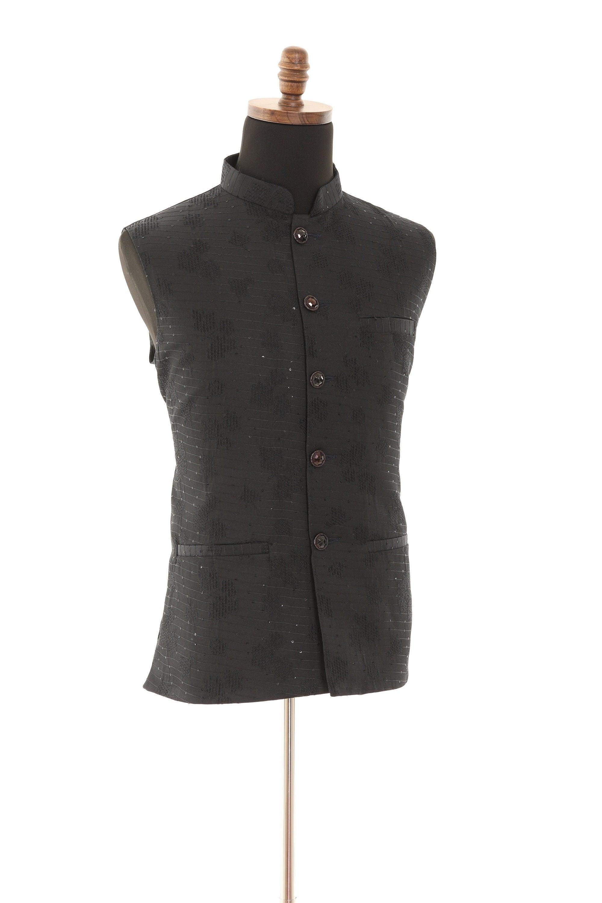 Men's Black Nehru Jacket with Self Embroidery Detailing