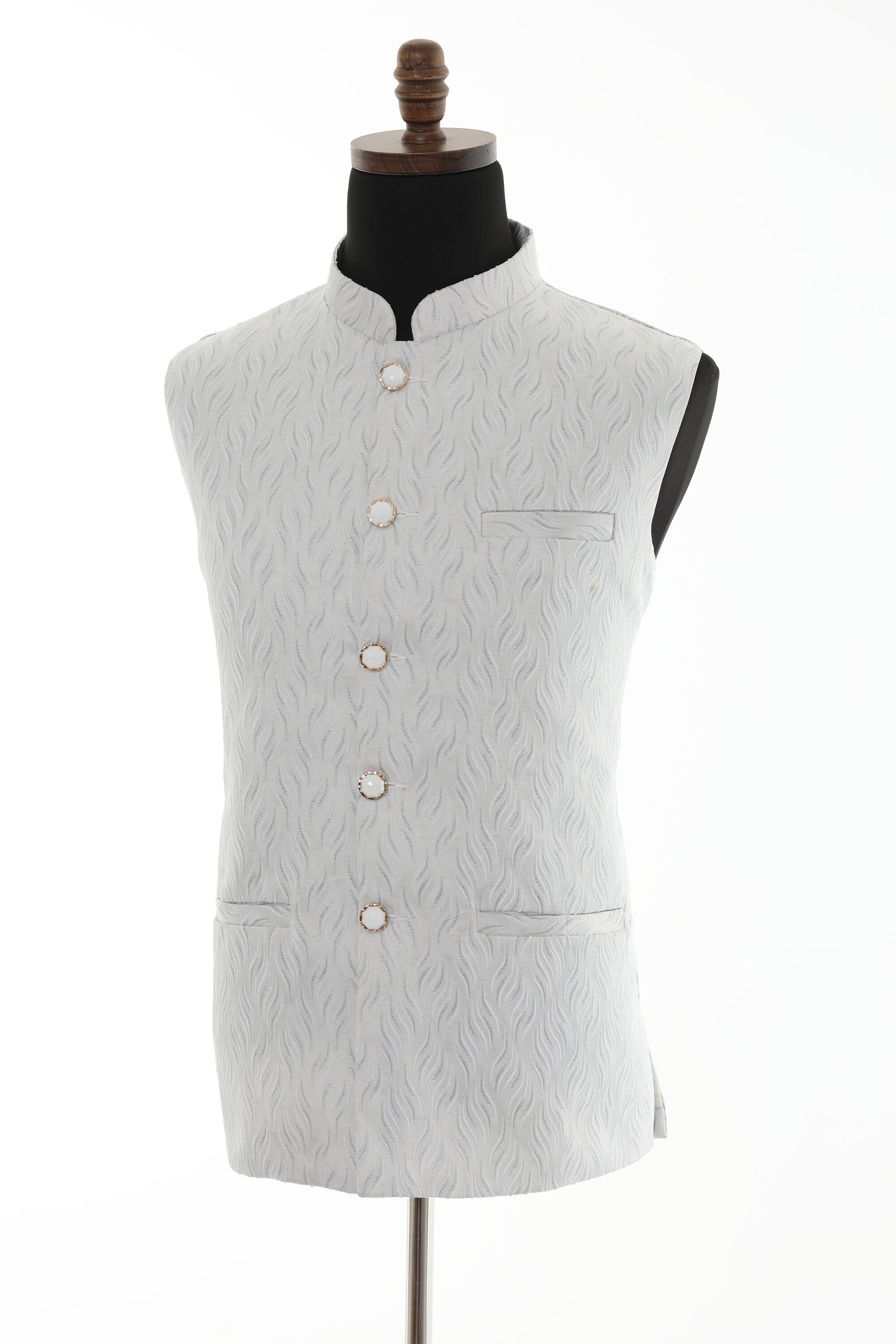 White Self Embellishment Nehru Jacket for Men