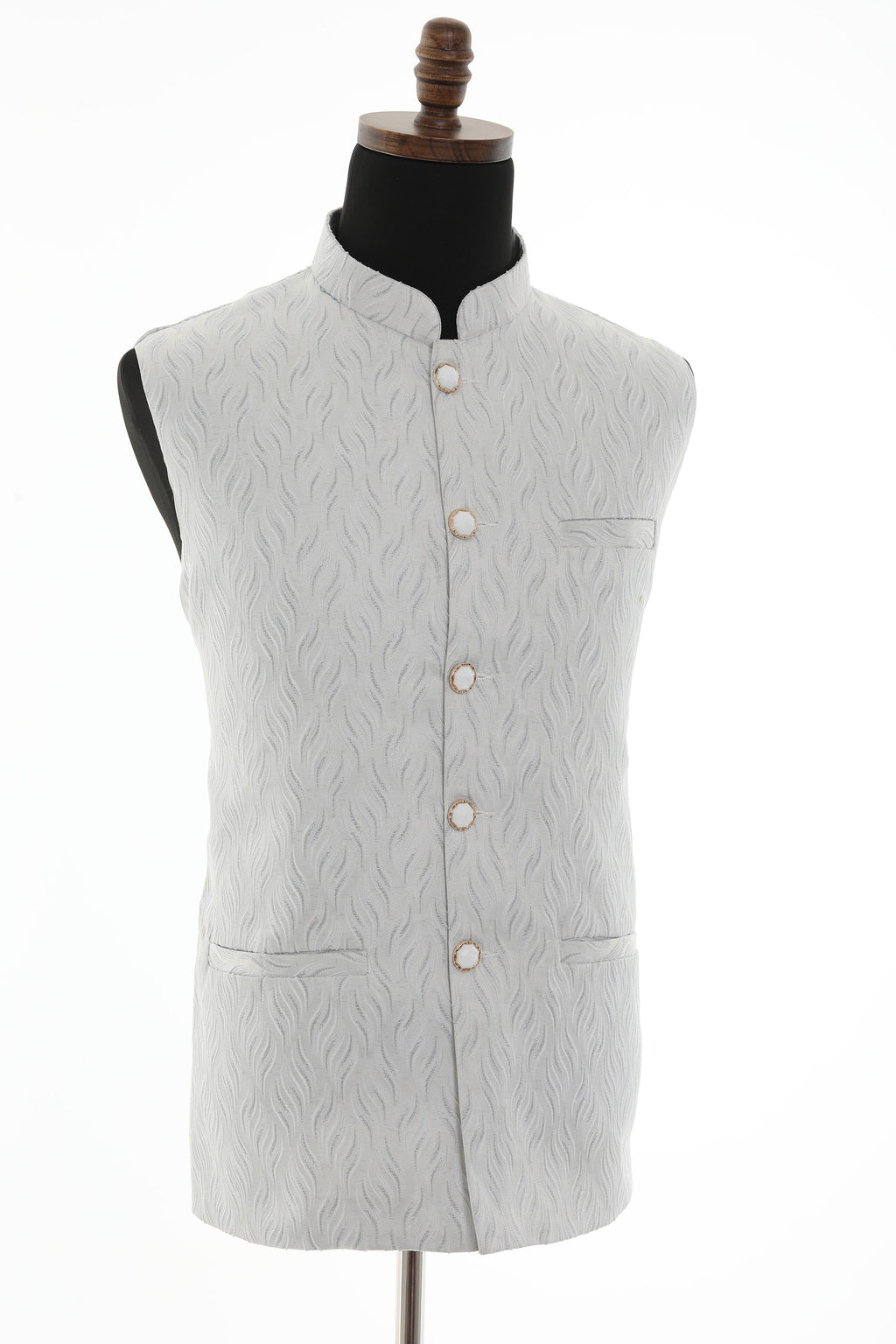 White Self Embellishment Nehru Jacket for Men