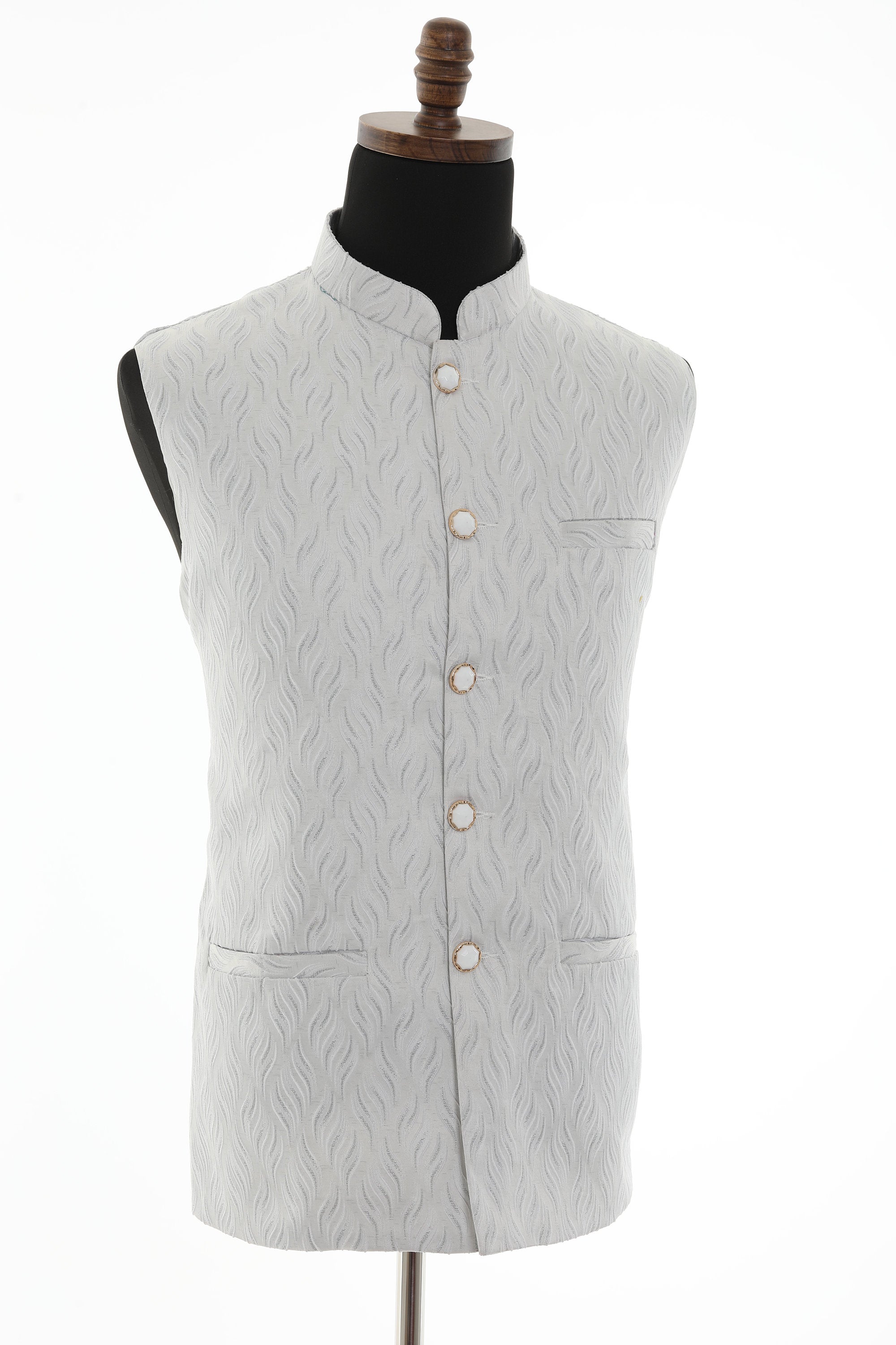 White Self Embellishment Nehru Jacket for Men